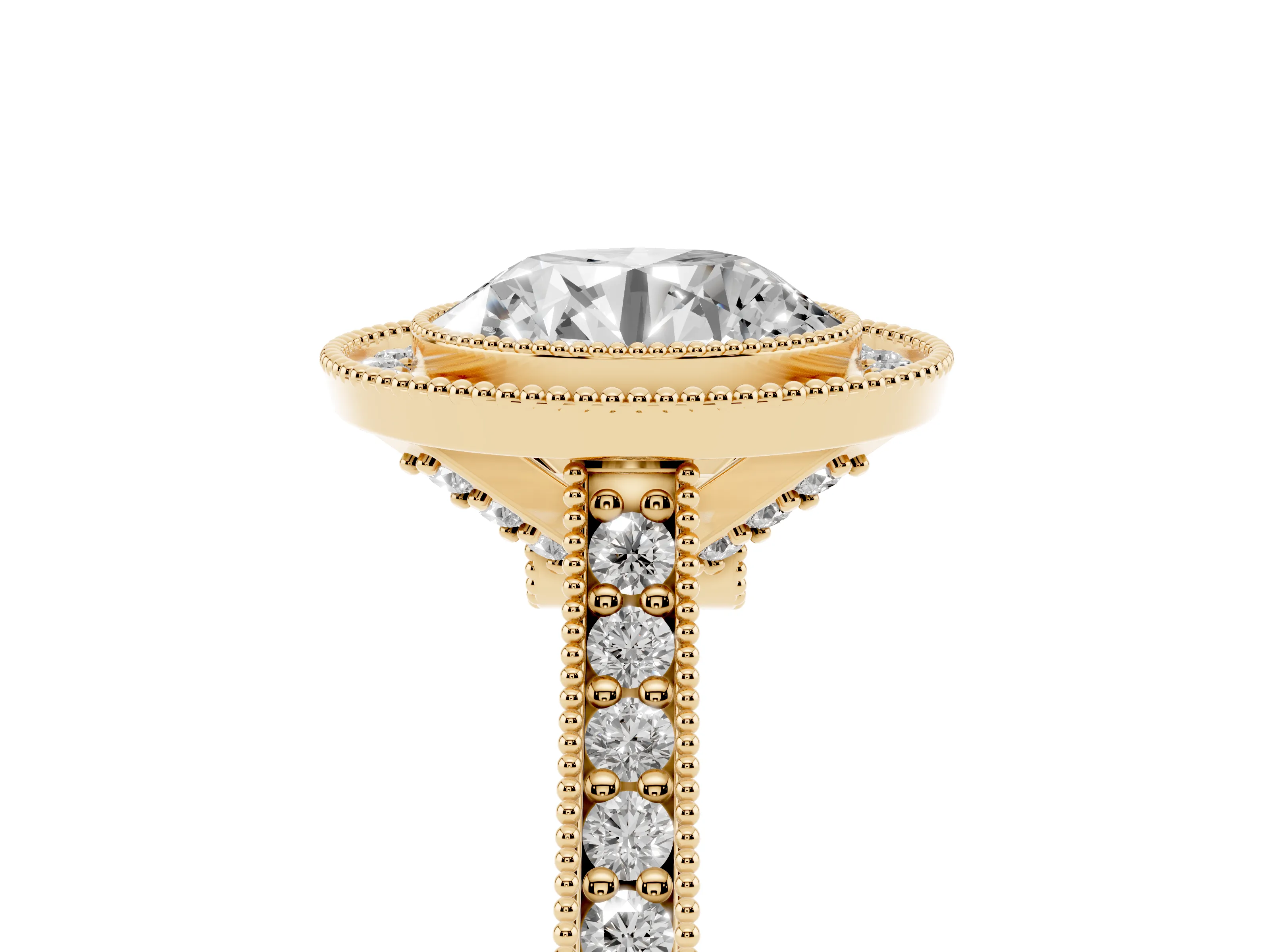 Round Cut Diamond Halo Milgrain Pavé Band Ring Set in Yellow gold with Prong Setting