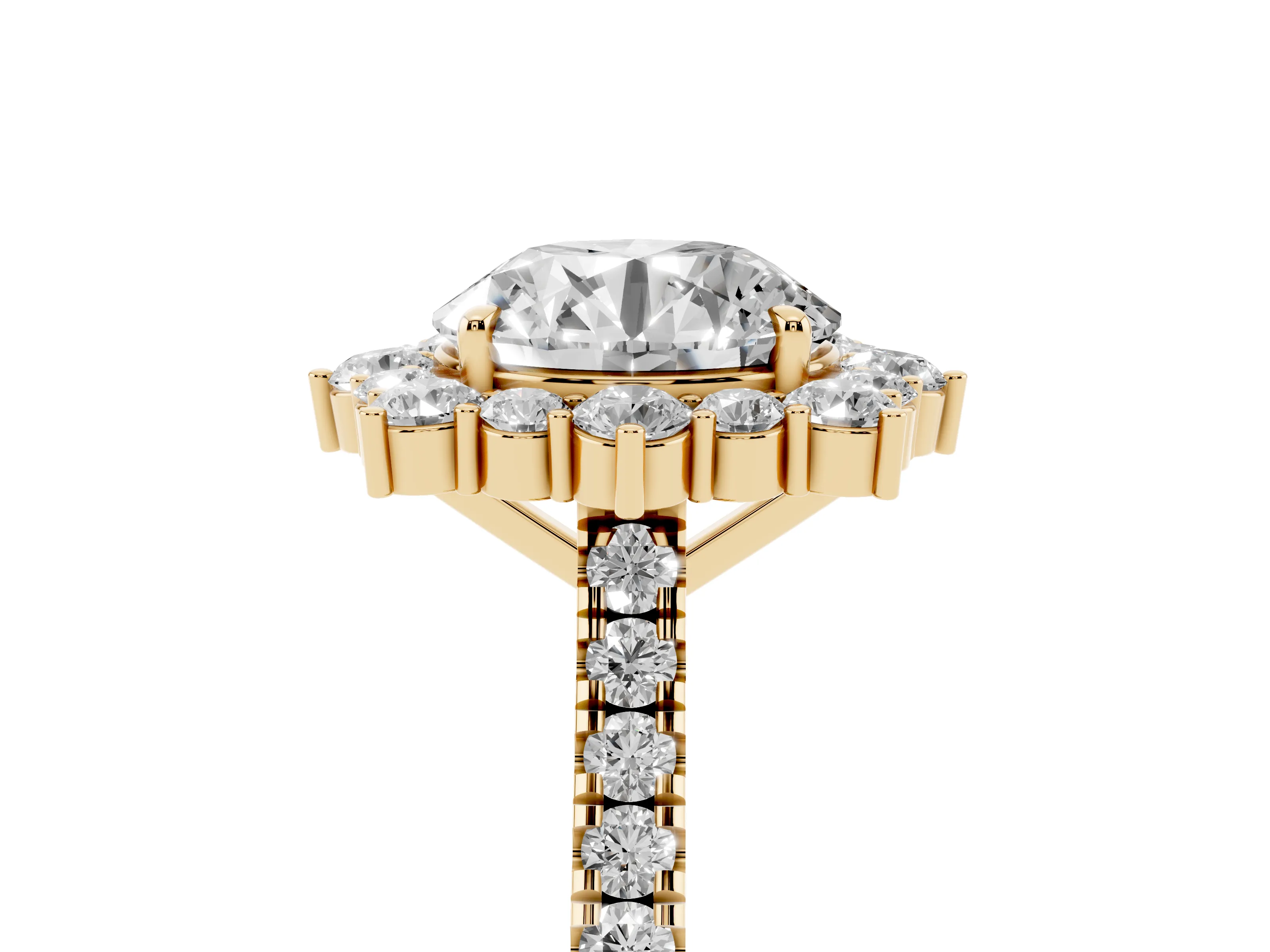 Round Cut Diamond Halo Ring Set in Yellow gold with Pavé Band and Prong Setting