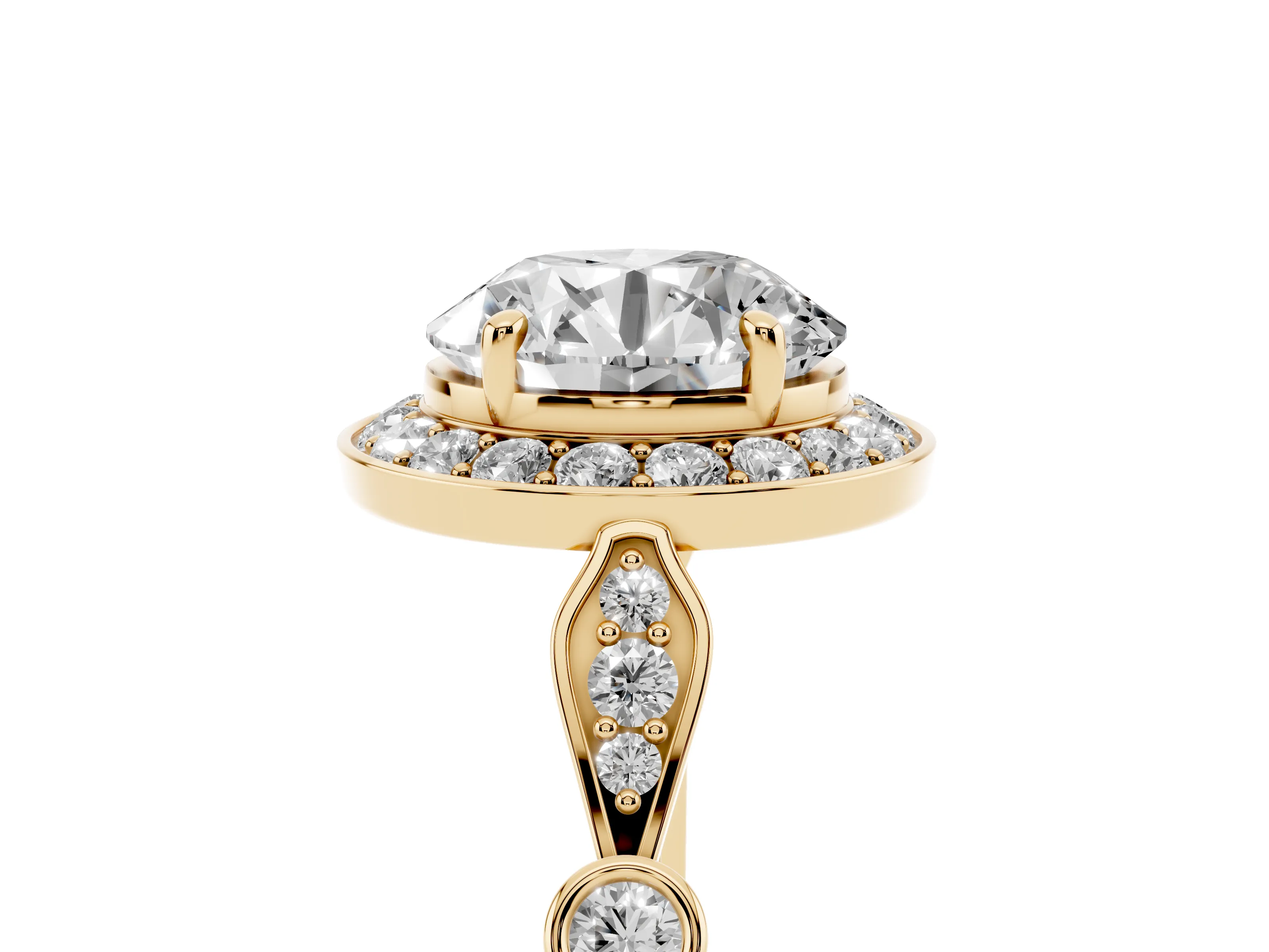 Round Cut Diamond Halo Engagement Ring Set in Yellow gold with Twisted Band and Prong Setting