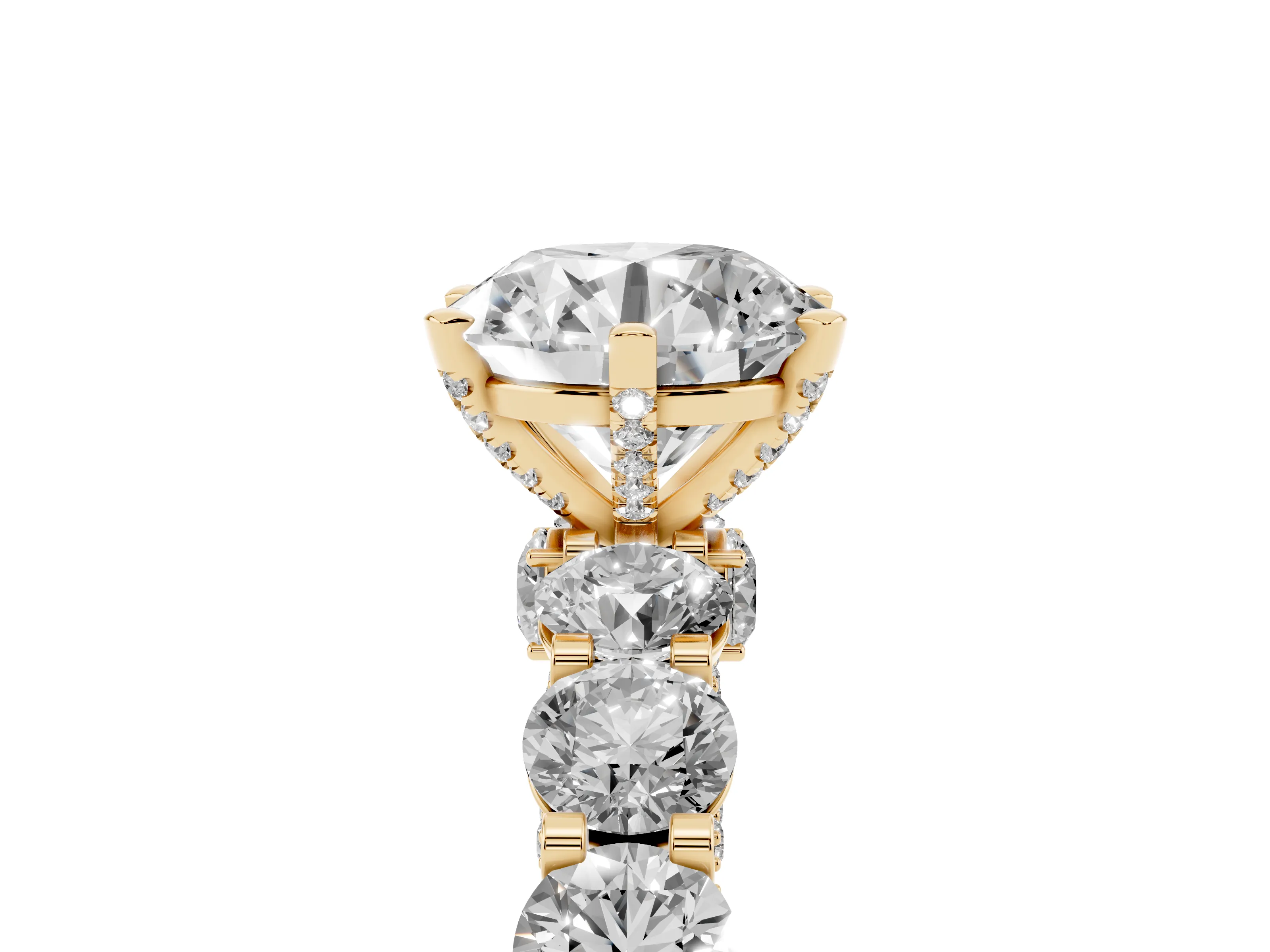 Round Cut Diamond Side Stone Ring Set in Yellow gold with Alternating Round and Oval Side Stones