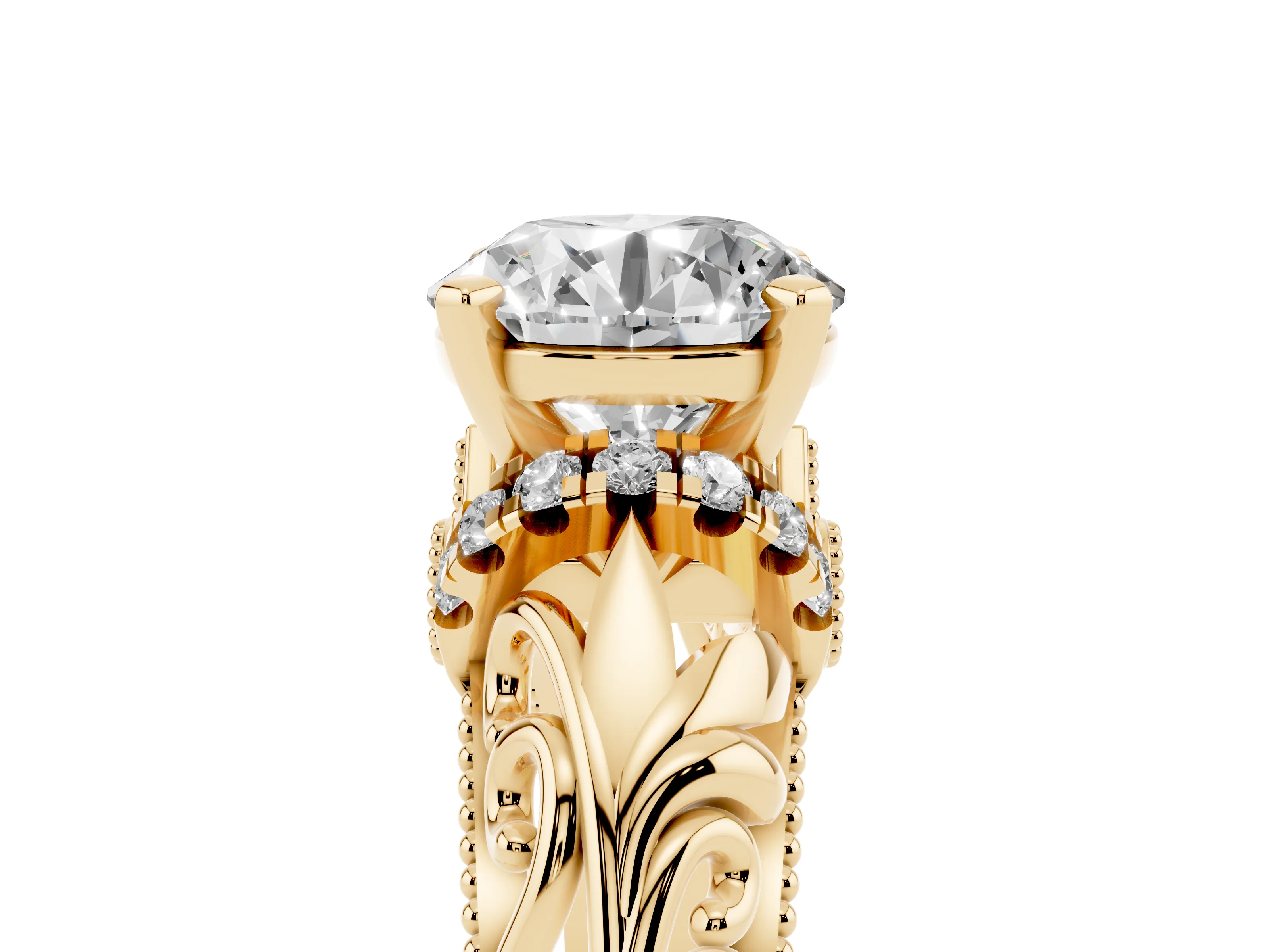 Round Cut Diamond Filigree Halo Engagement Ring Set in Yellow gold with Prong Setting