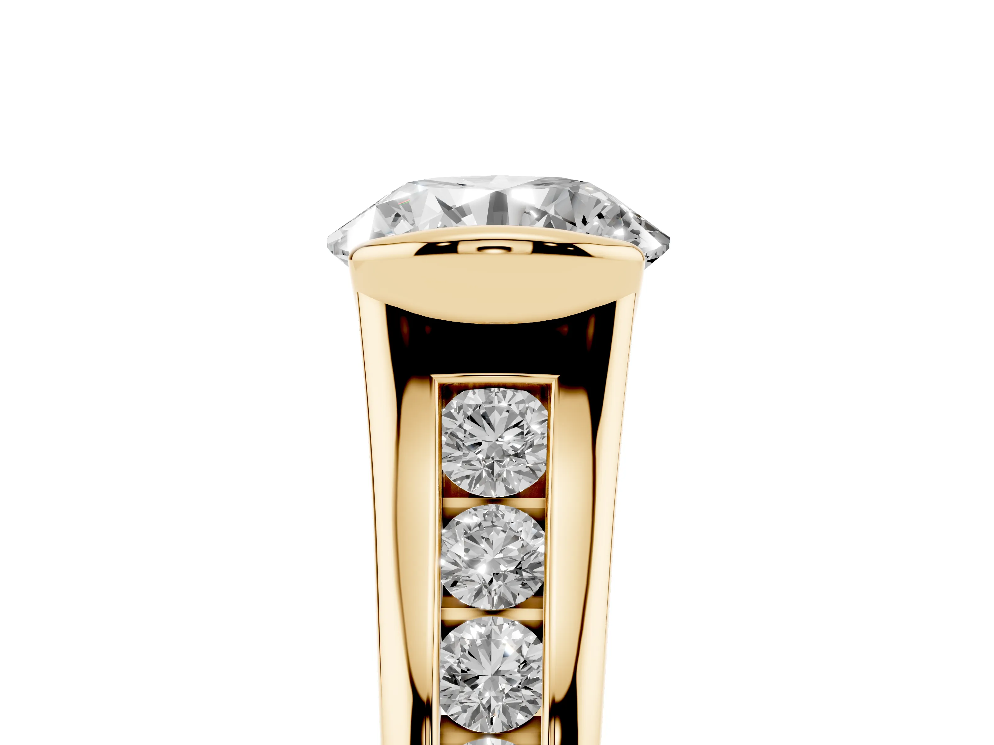 Round Cut Diamond Bezel-Set Solitaire Ring Set in Yellow gold with Channel-Set Band