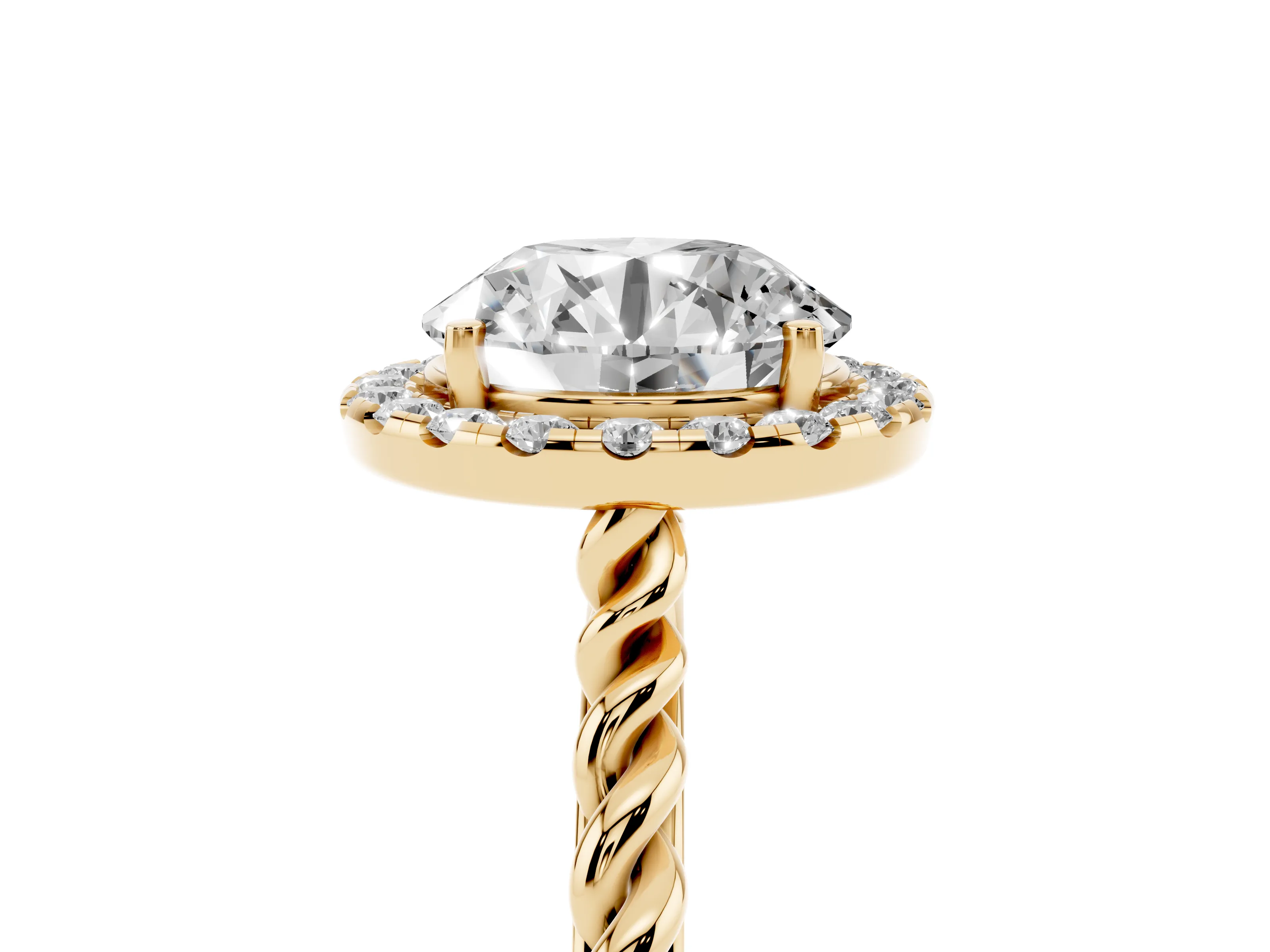 Round Cut Diamond Halo Ring Set in Yellow gold with Plain Twisted Band