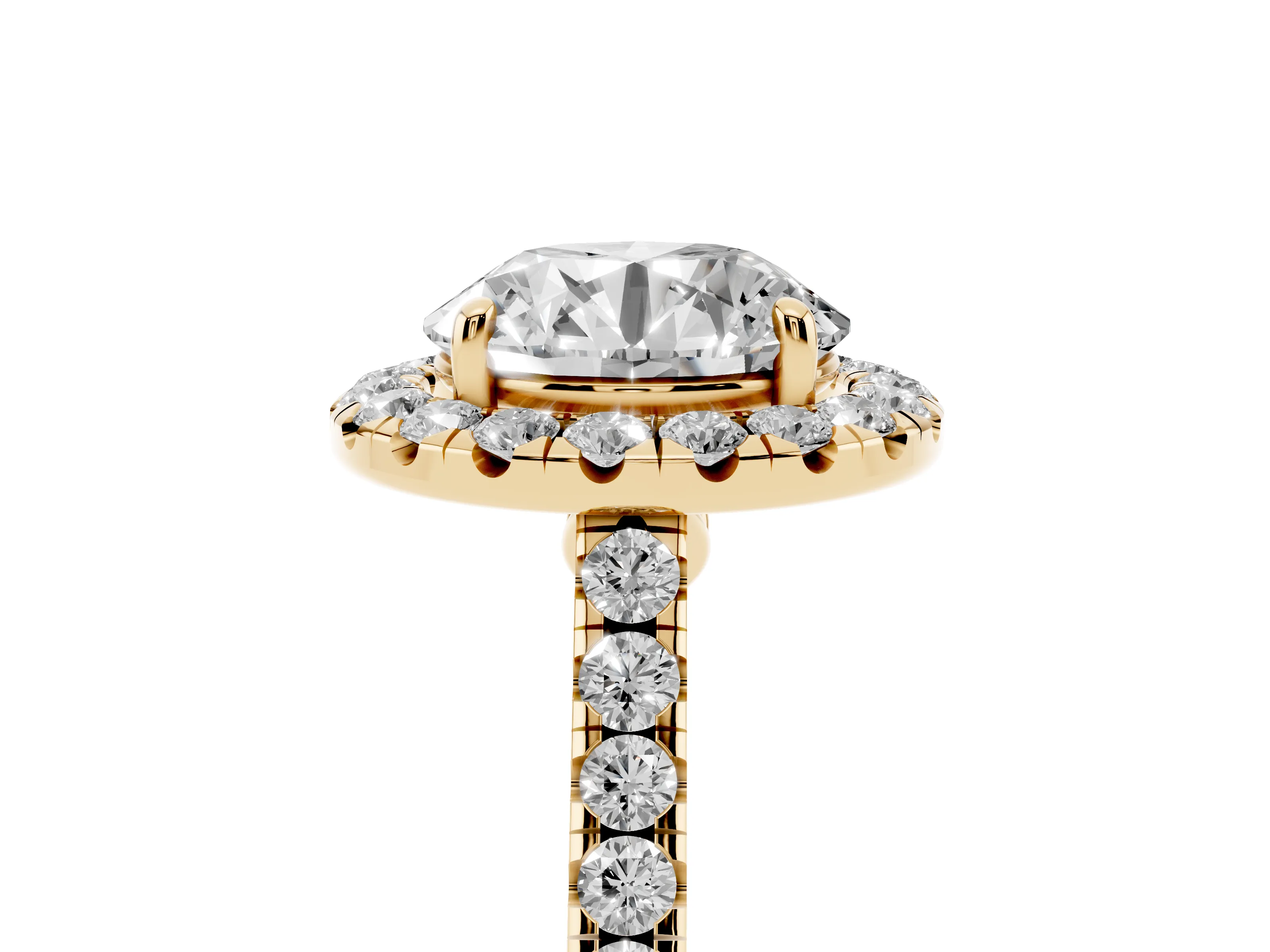 Round Cut Diamond Halo Pavé Engagement Ring Set in Yellow gold with Prong Setting