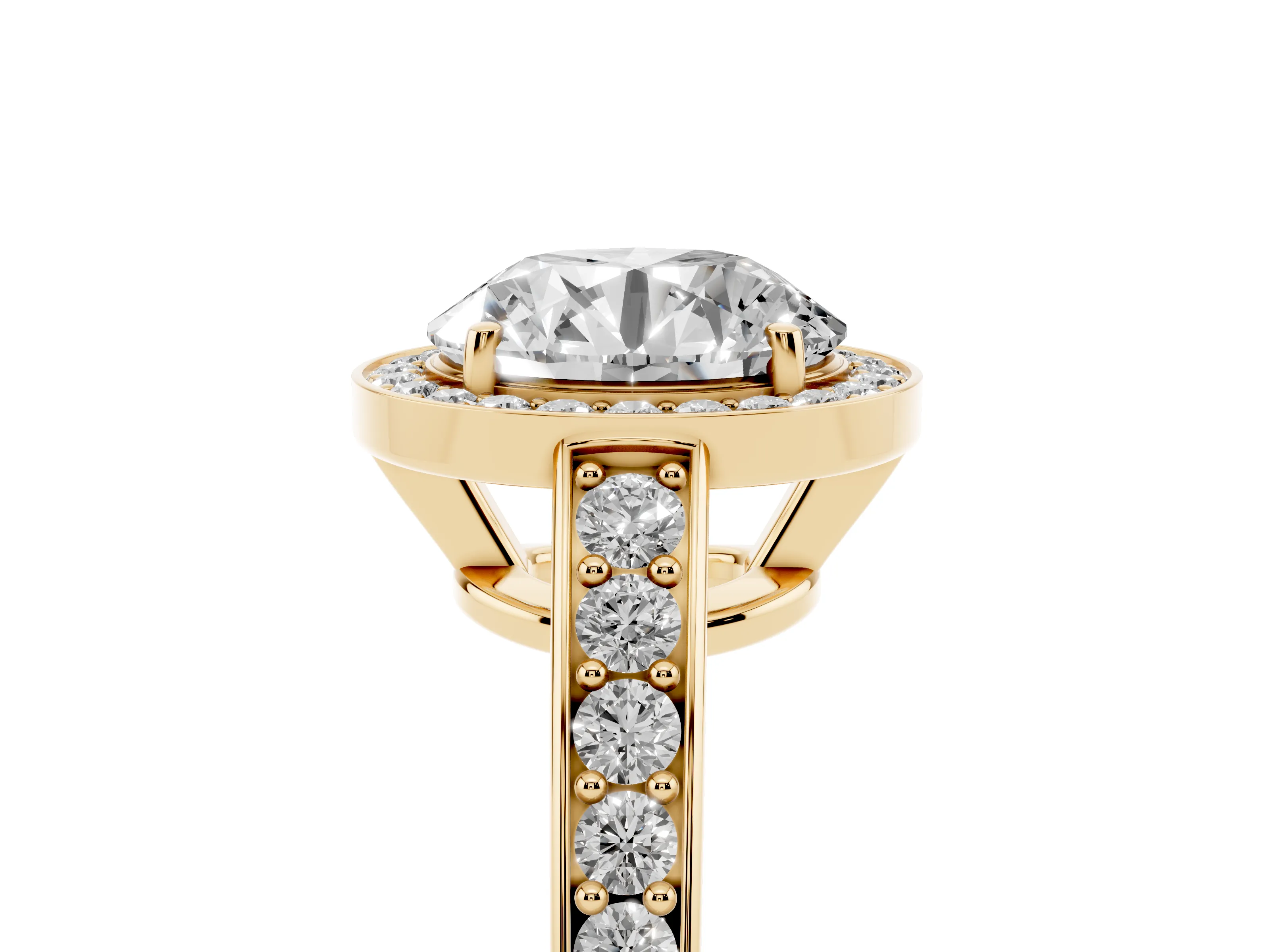 Round Cut Diamond Halo Pavé Engagement Ring Set in Yellow gold with Bezel Setting