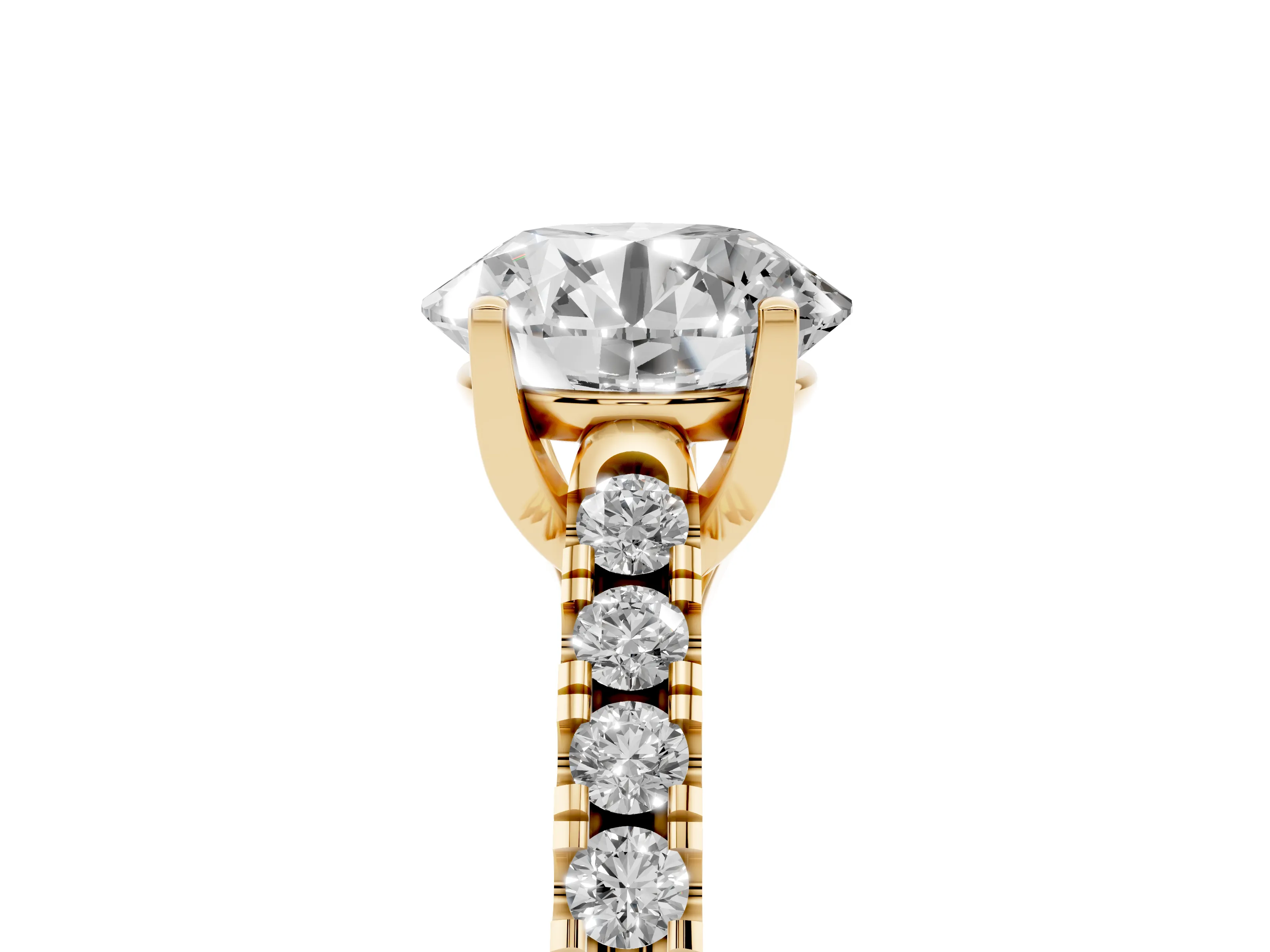 Round Cut Diamond Pavé Band Solitaire Ring Set in Yellow gold with Partway Accent Stones and Prong Setting