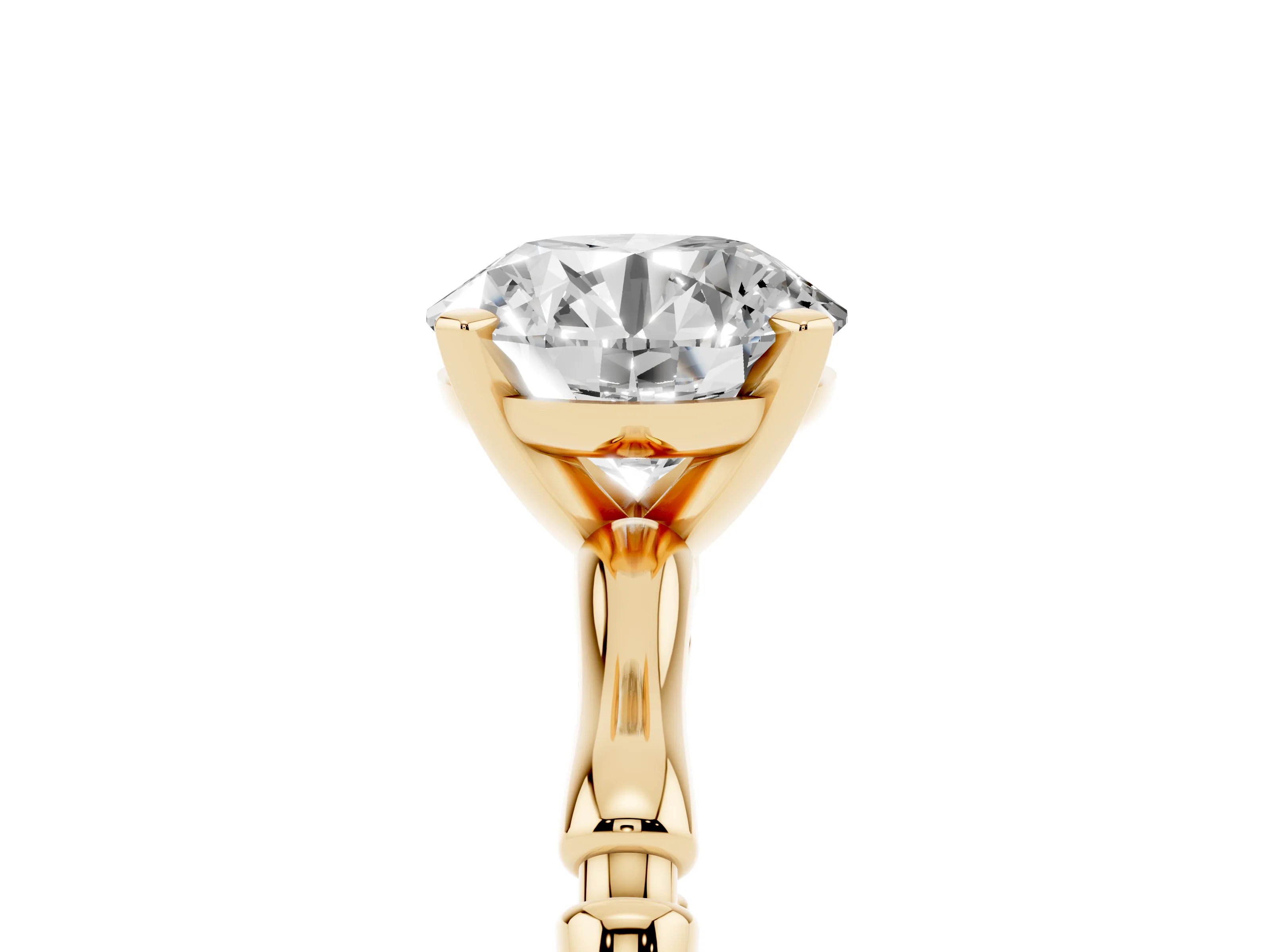 Round Cut Diamond Solitaire Ring Set in Yellow gold with Bamboo Band and Prong Setting