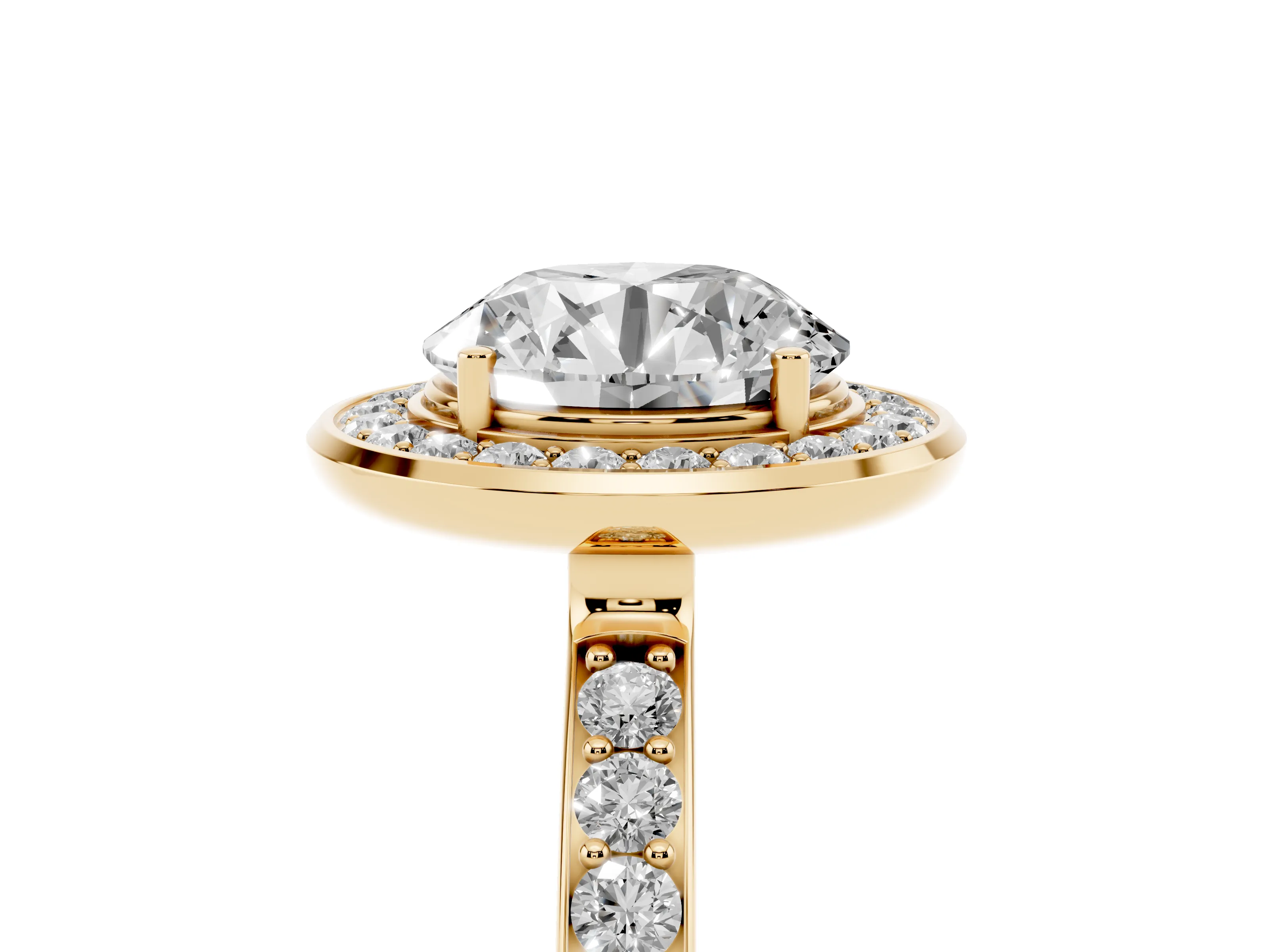 Round Cut Diamond Halo Ring Set in Yellow gold with Bezel Frame and Pavé Band