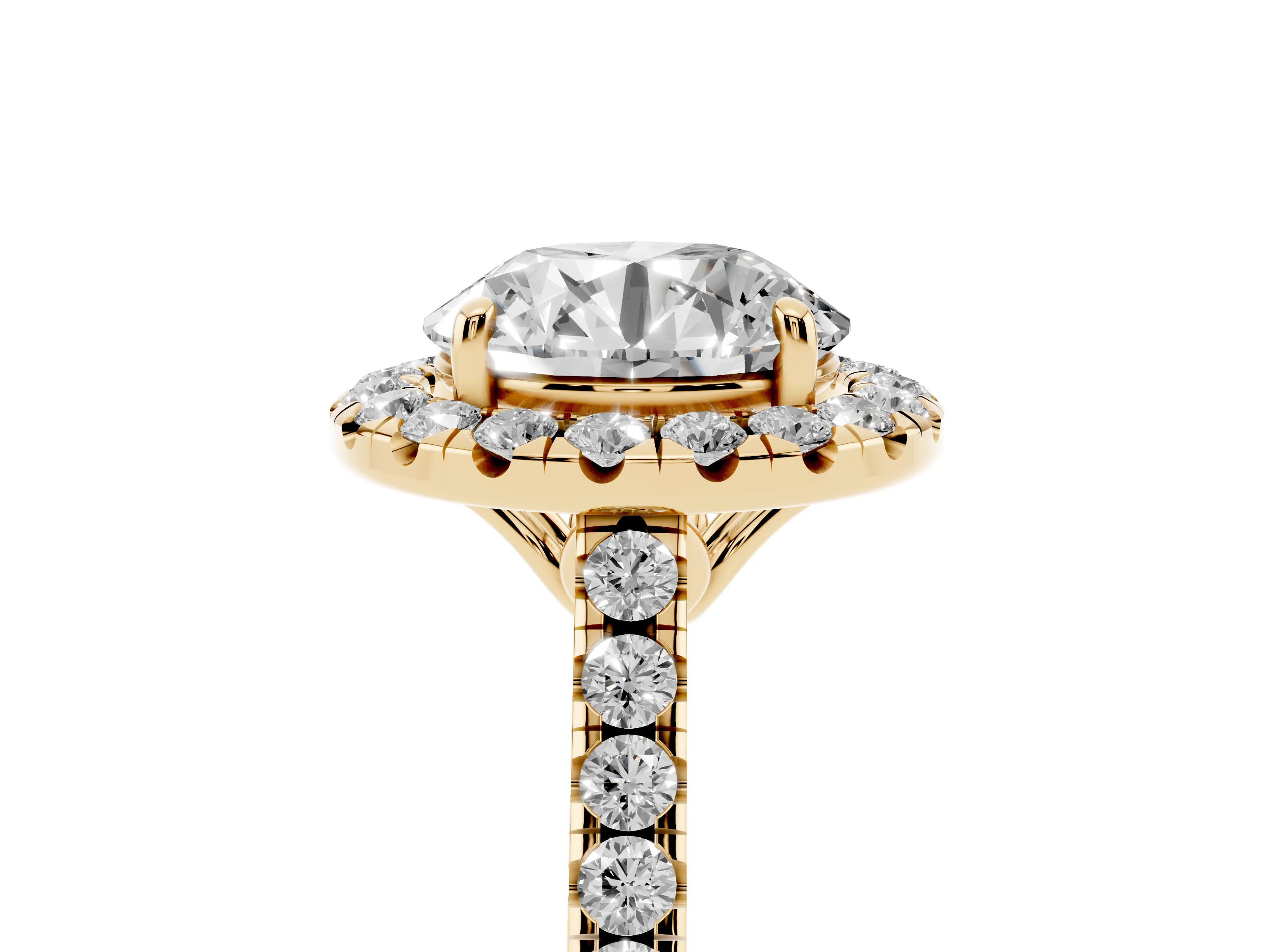 Round Cut Diamond Pavé Halo Engagement Ring Set in Yellow gold with Pavé Band and Prong Setting