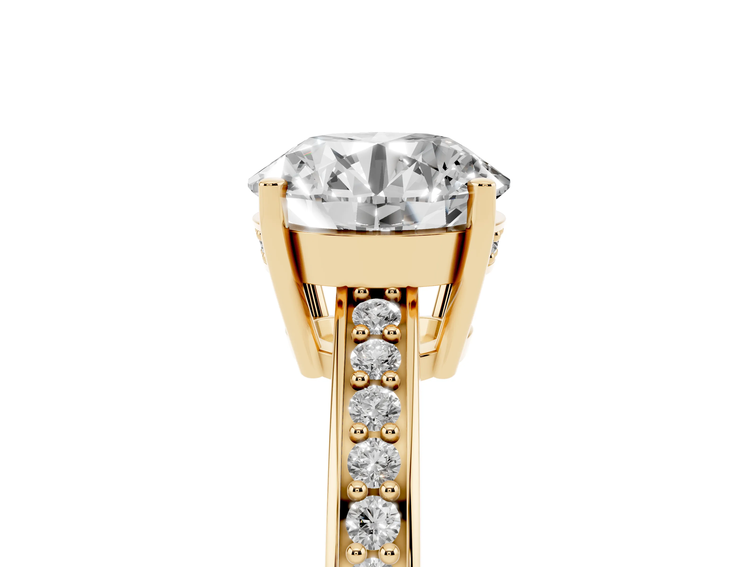 Round Cut Diamond Pavé Band Prong Set Solitaire Ring Set in Yellow gold