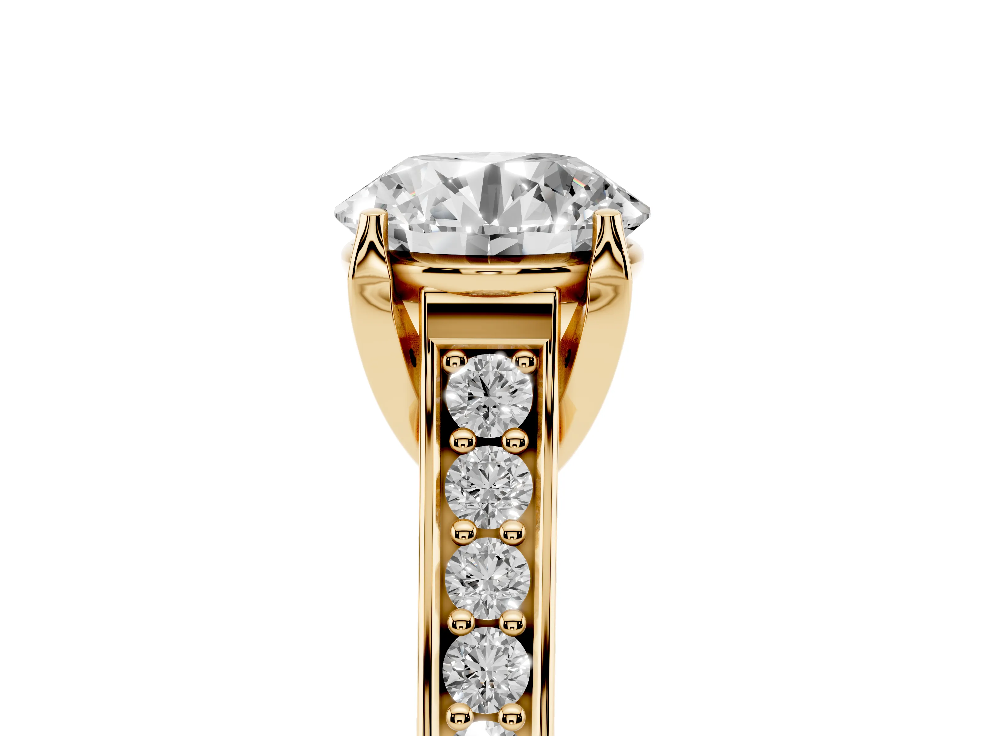 Round Cut Diamond Solitaire Pavé Engagement Ring Set in Yellow gold with Prong Setting