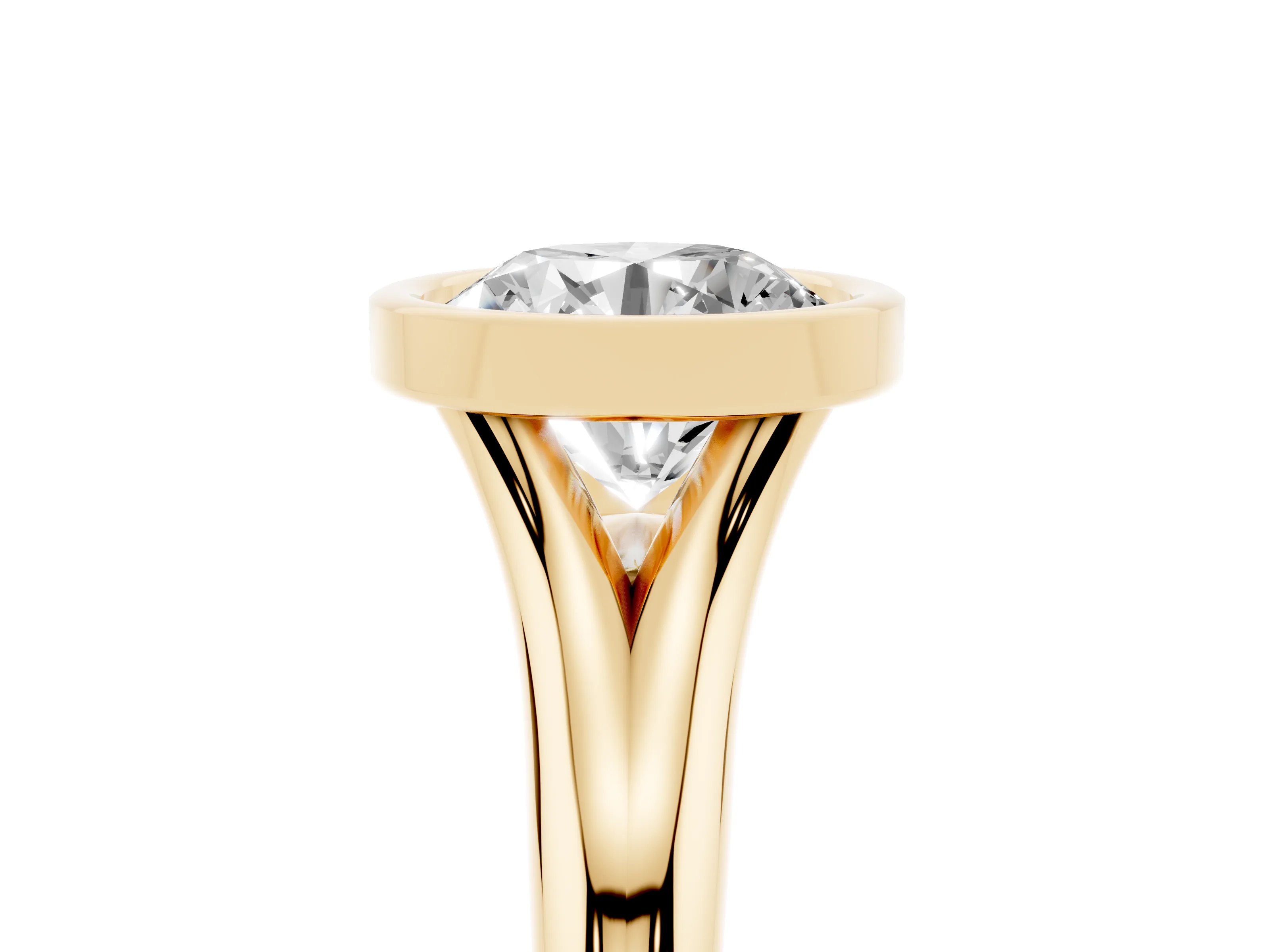 Bezel Set Round Cut Diamond Solitaire Ring Set in Yellow gold with Smooth Band