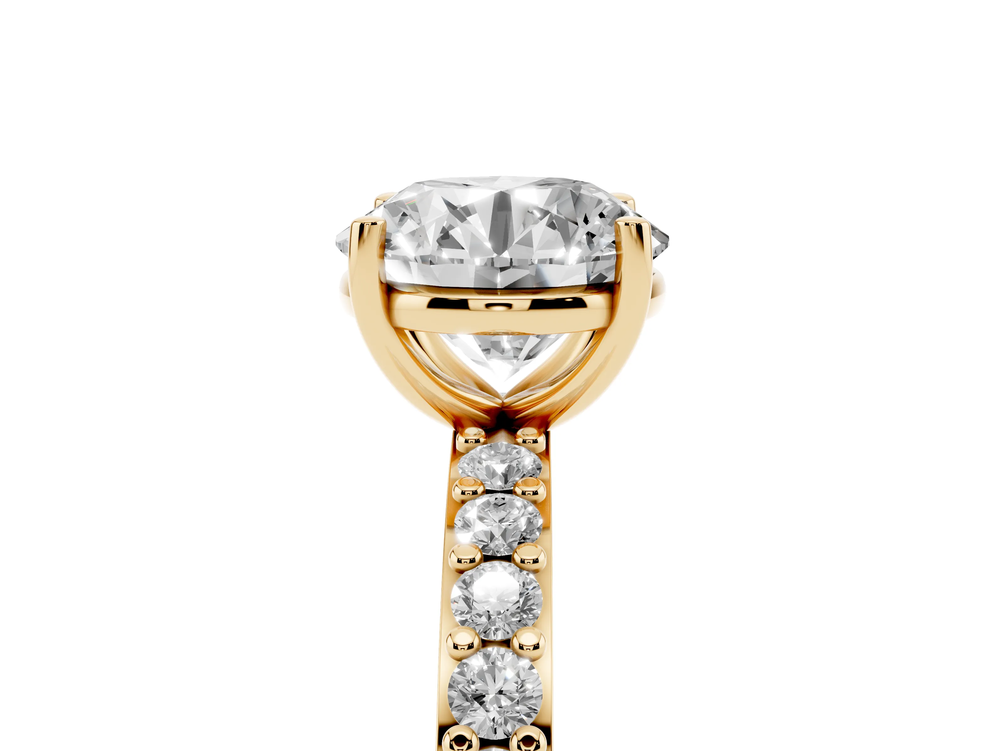 Round Cut Diamond Solitaire Set in Yellow gold with Round Pavé Band and Prong Setting