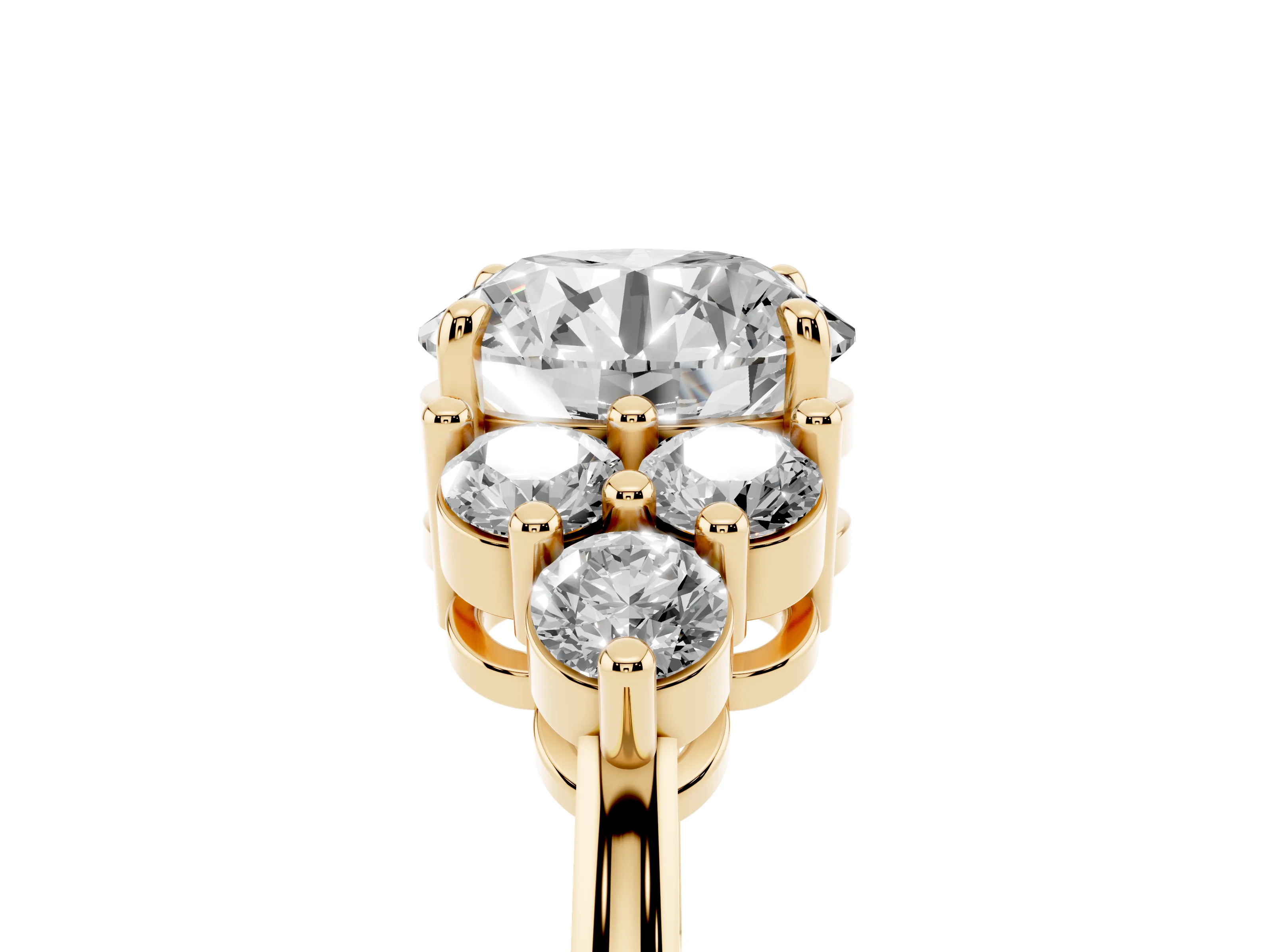 Round Cut Diamond Solitaire Ring Set in Yellow gold with Cluster Accents on Each Side