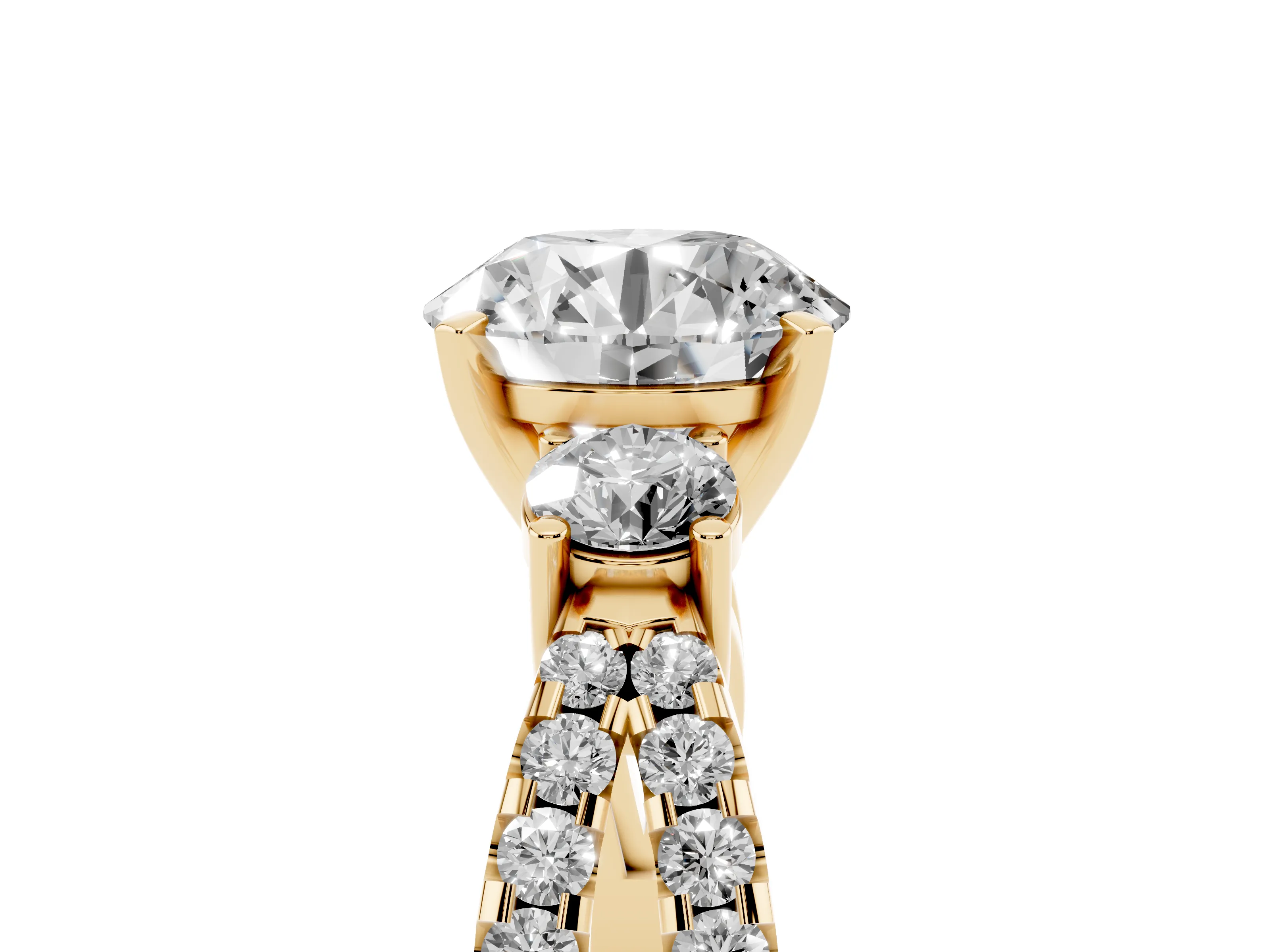 Round Cut Diamond Three-Stone Ring Set in Yellow gold with Pavé Split Shank and Prong Setting