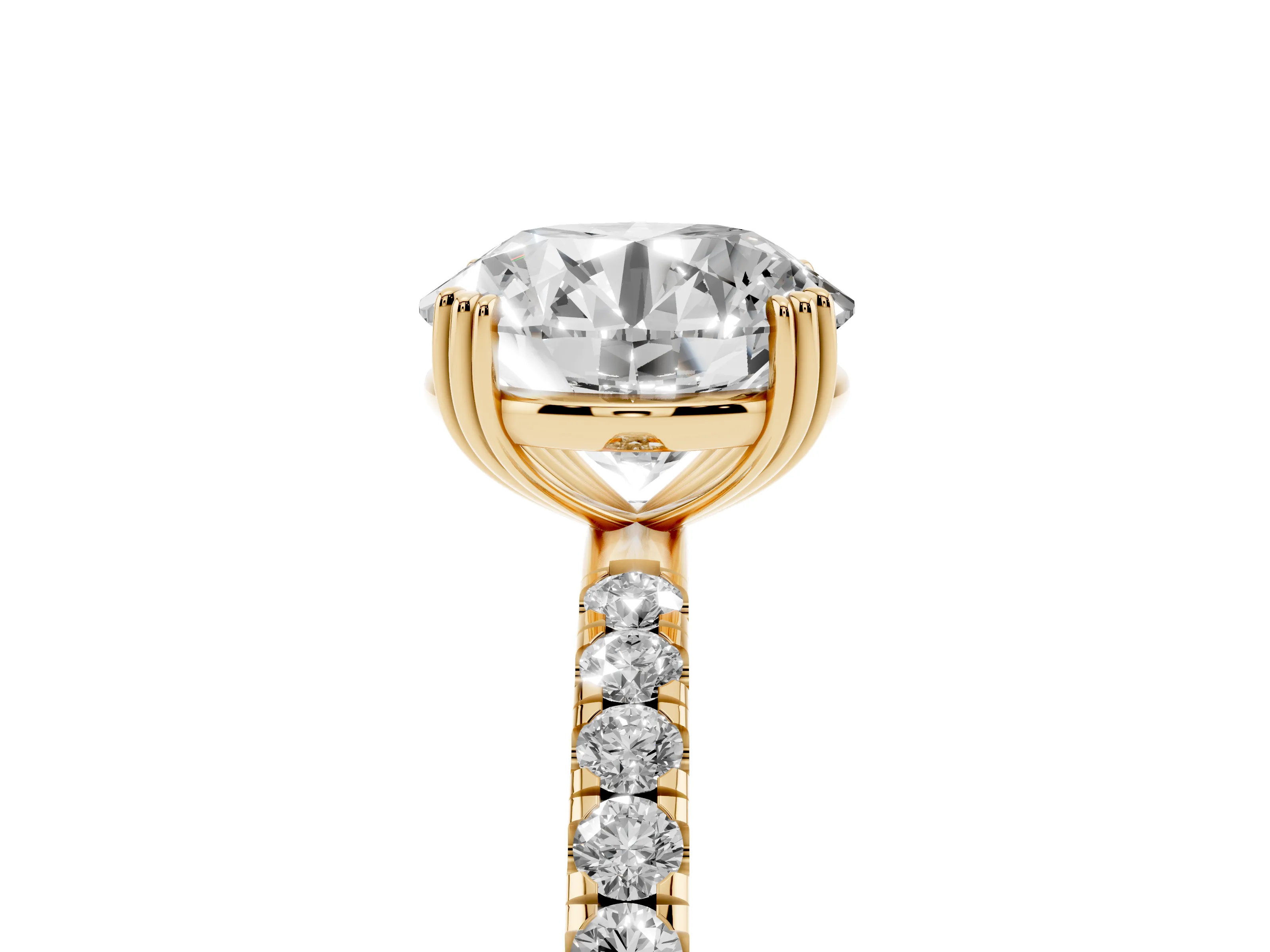 Round Cut Diamond Brilliant Solitaire Set in Yellow gold with Pavé Band and Claw Prong Setting