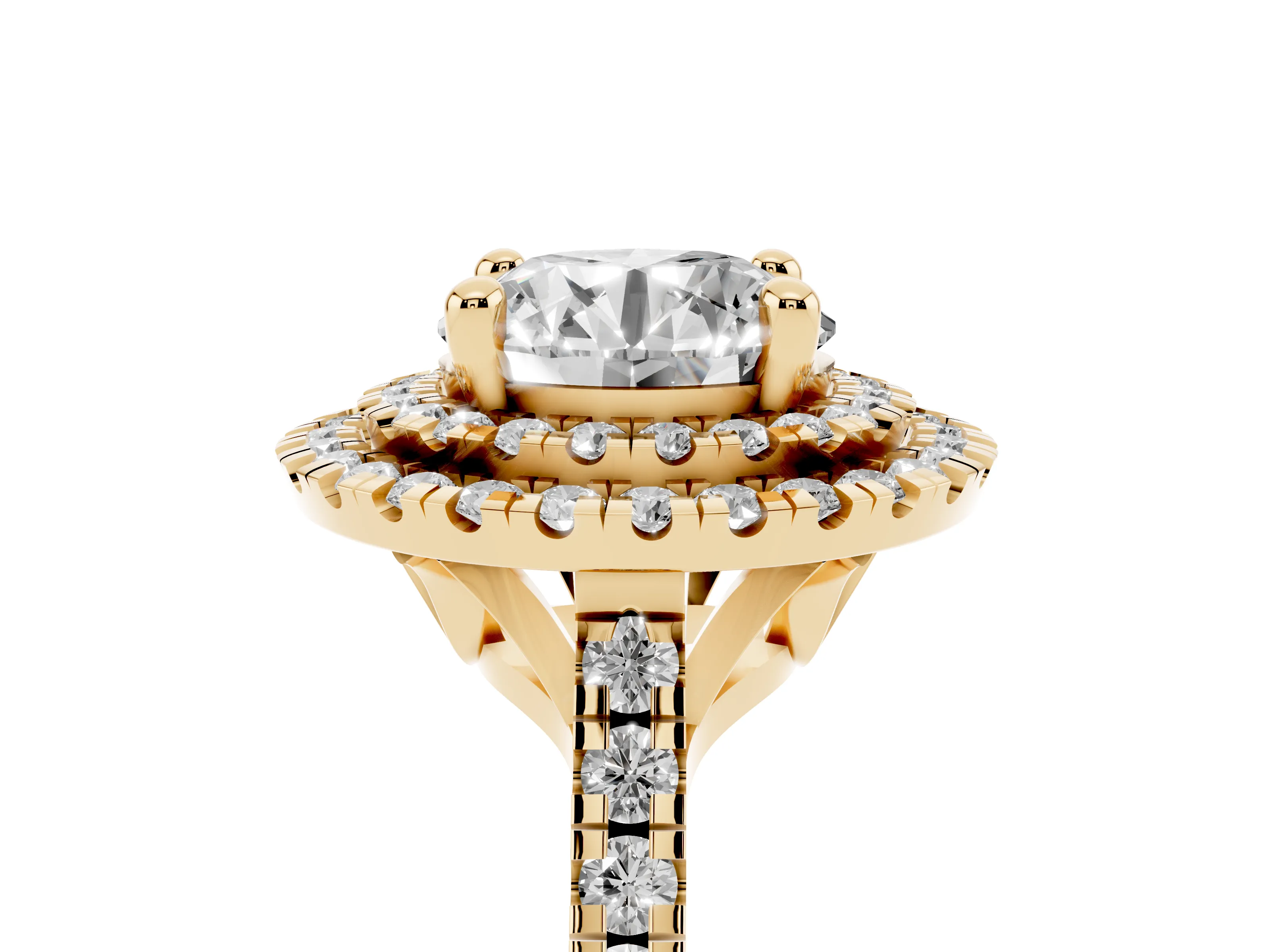 Round Cut Diamond Double Halo Statement Ring Set in Yellow gold with Pavé Band