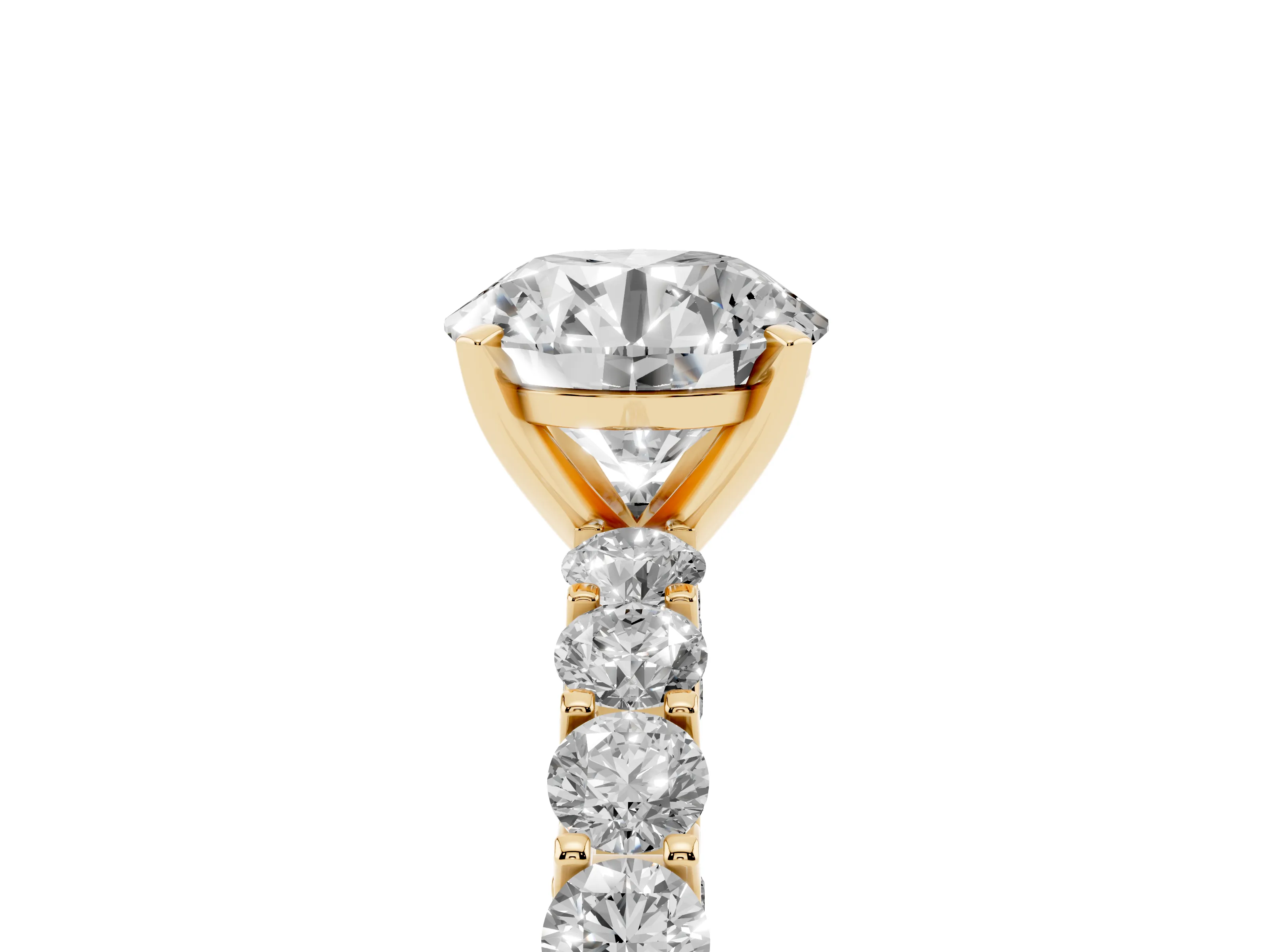 Round Cut Diamond Solitaire Ring Set in Yellow gold with Shared Prong Pavé Band
