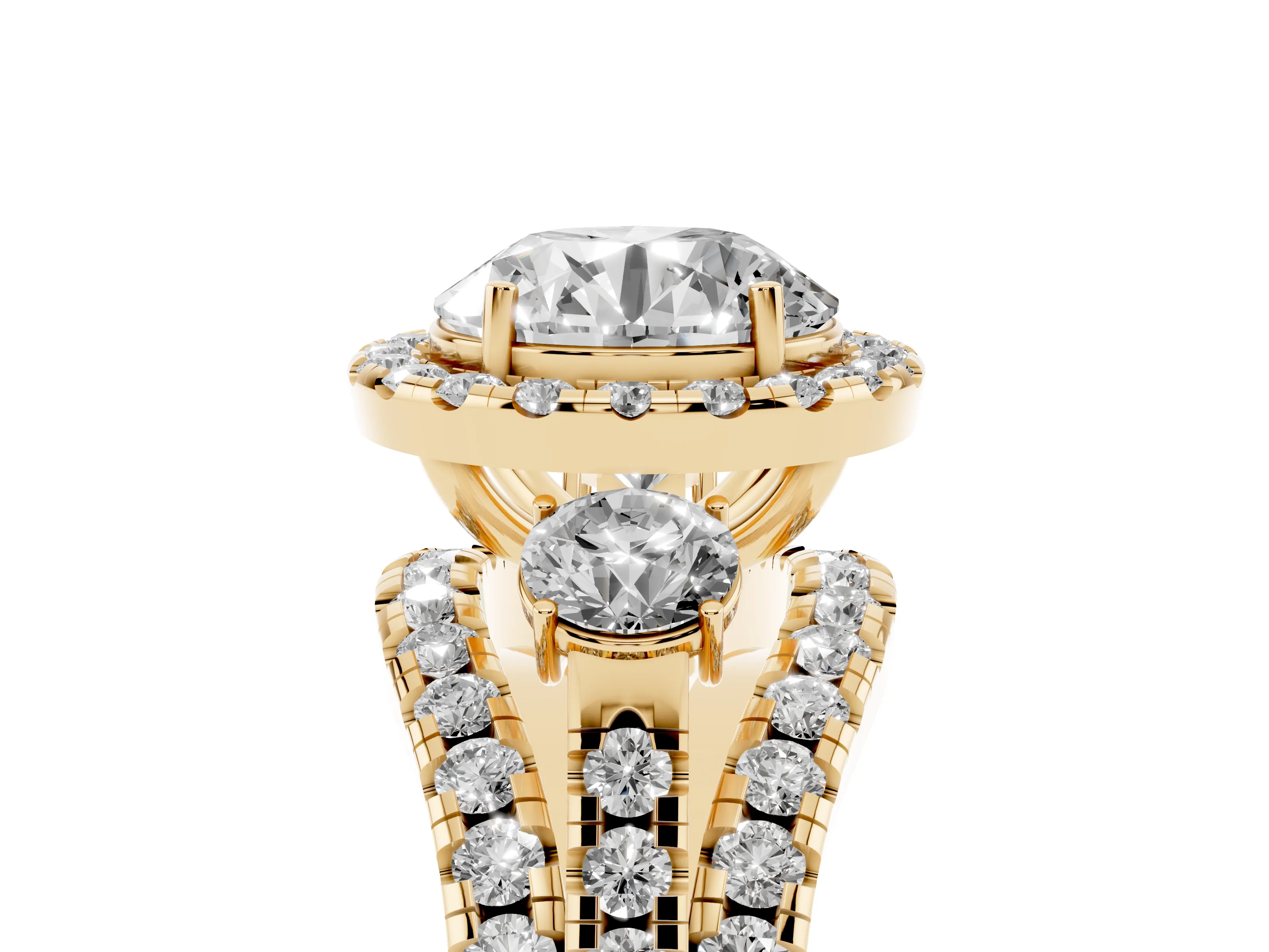 Round Cut Diamond Halo Split Shank Ring Set in Yellow gold with Round Accent Stones and Prong Setting