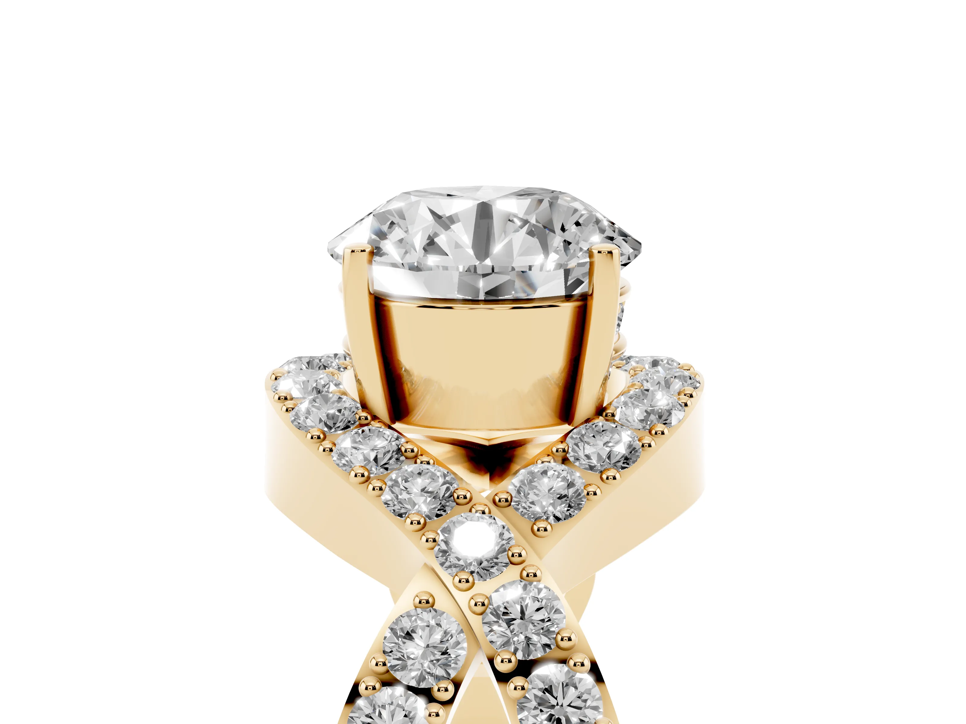 Round Cut Diamond Solitaire Twist Band Pavé Engagement Ring Set in Yellow gold
