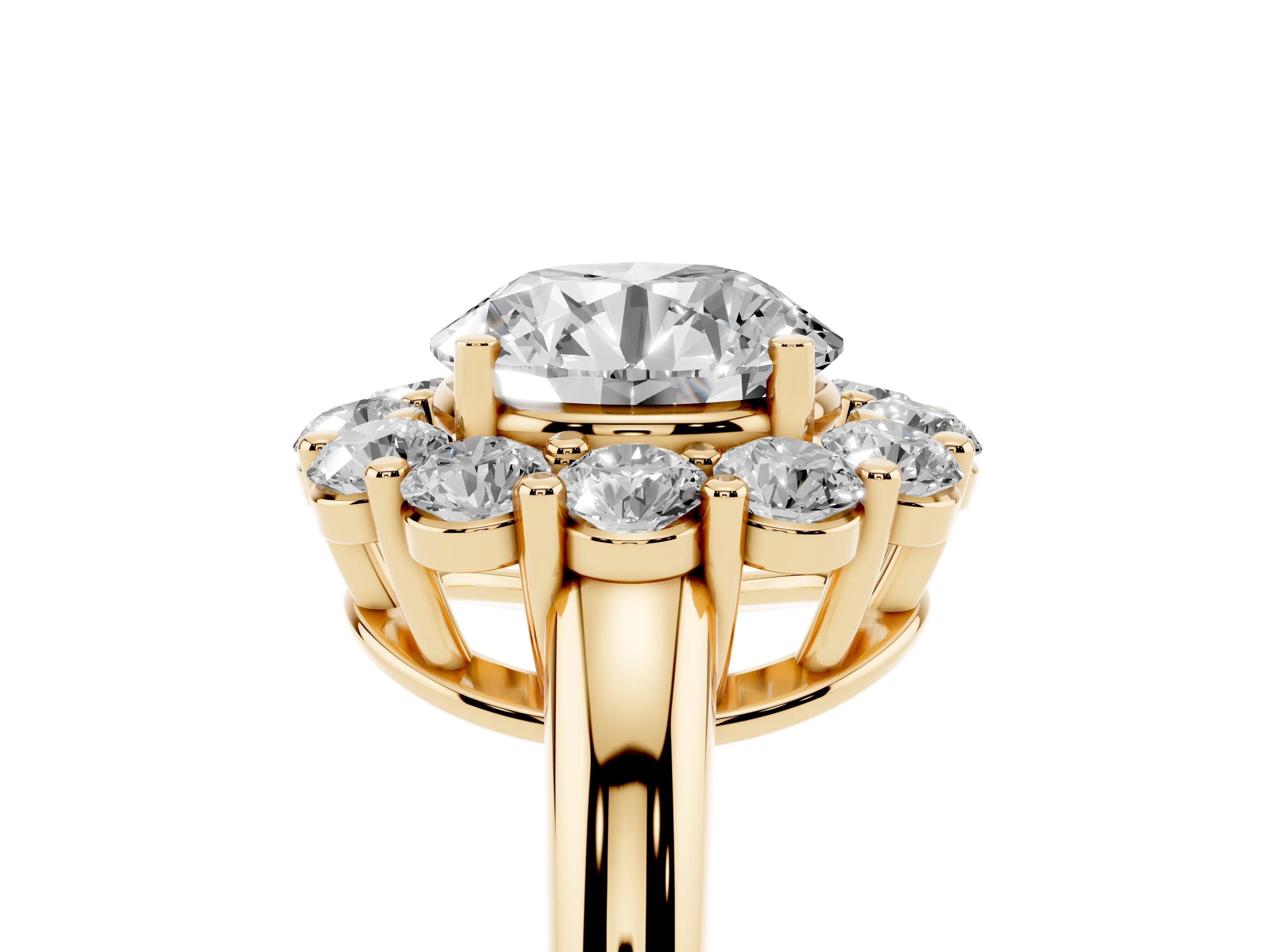 Round Cut Diamond Halo Cluster Engagement Ring Set in Yellow gold with Polished Band and Prong Setting