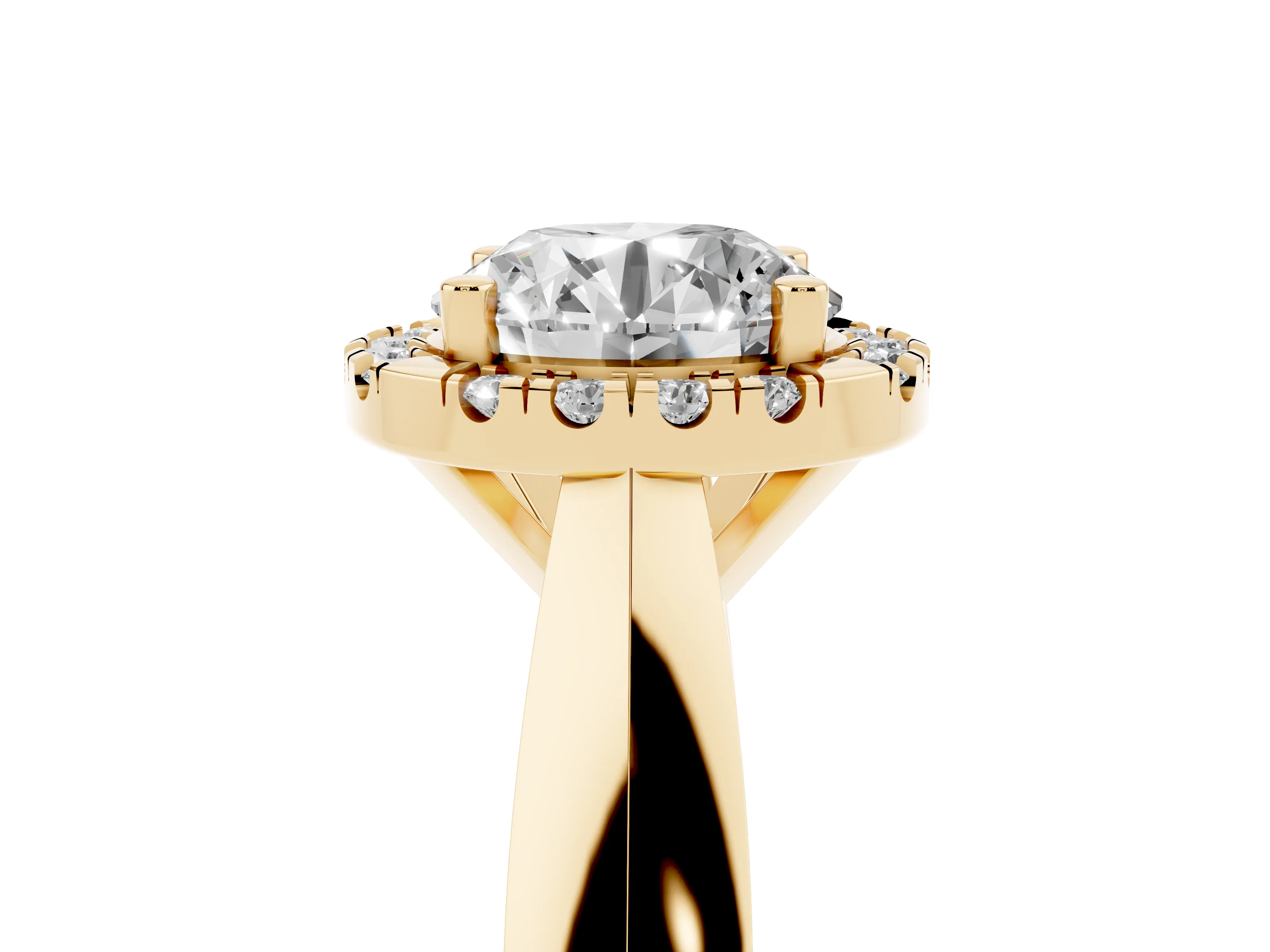 Round Cut Diamond Halo Solitaire Engagement Ring Set in Yellow gold with Square Band and Prong Setting