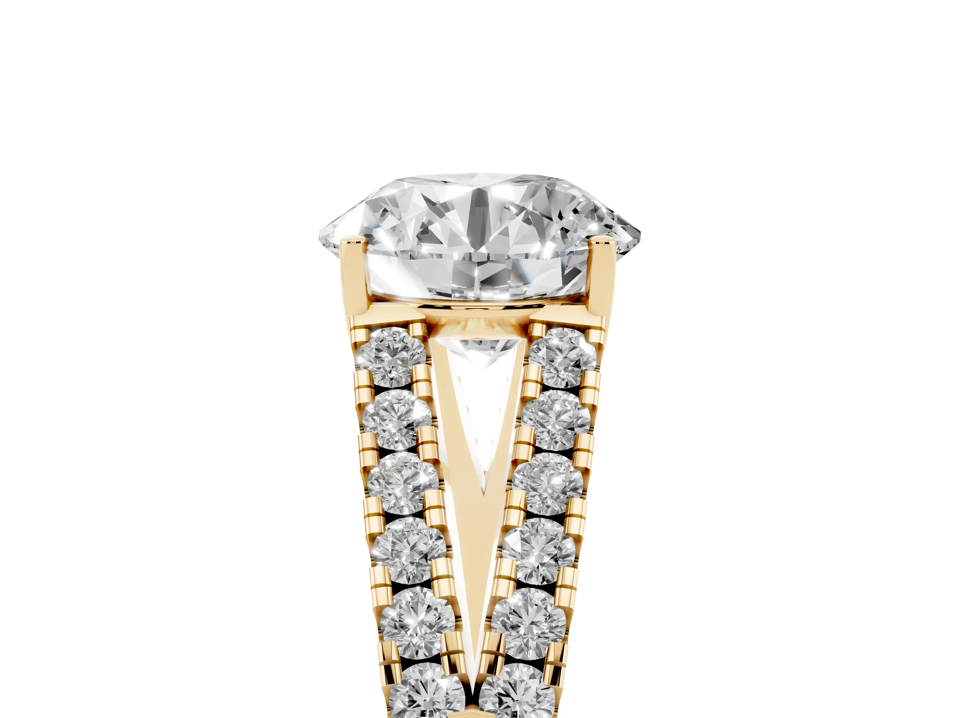 Round Cut Diamond Split Shank Pavé Engagement Ring Set in Yellow gold with Prong-Held Center Stone