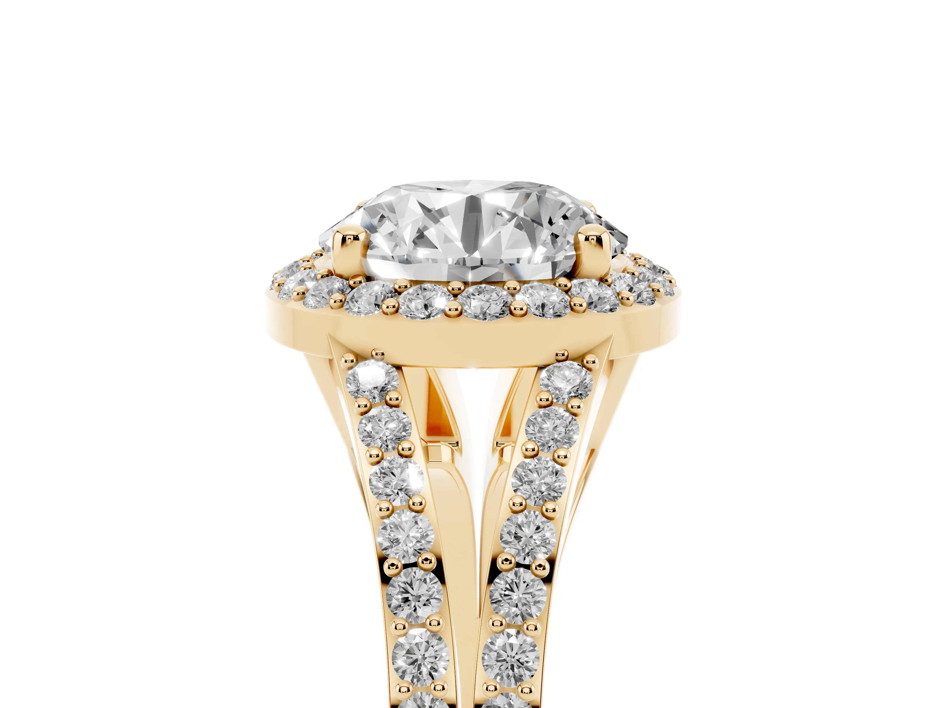Round Cut Diamond Halo Split Shank Pavé Ring Set in Yellow gold with Prong Setting