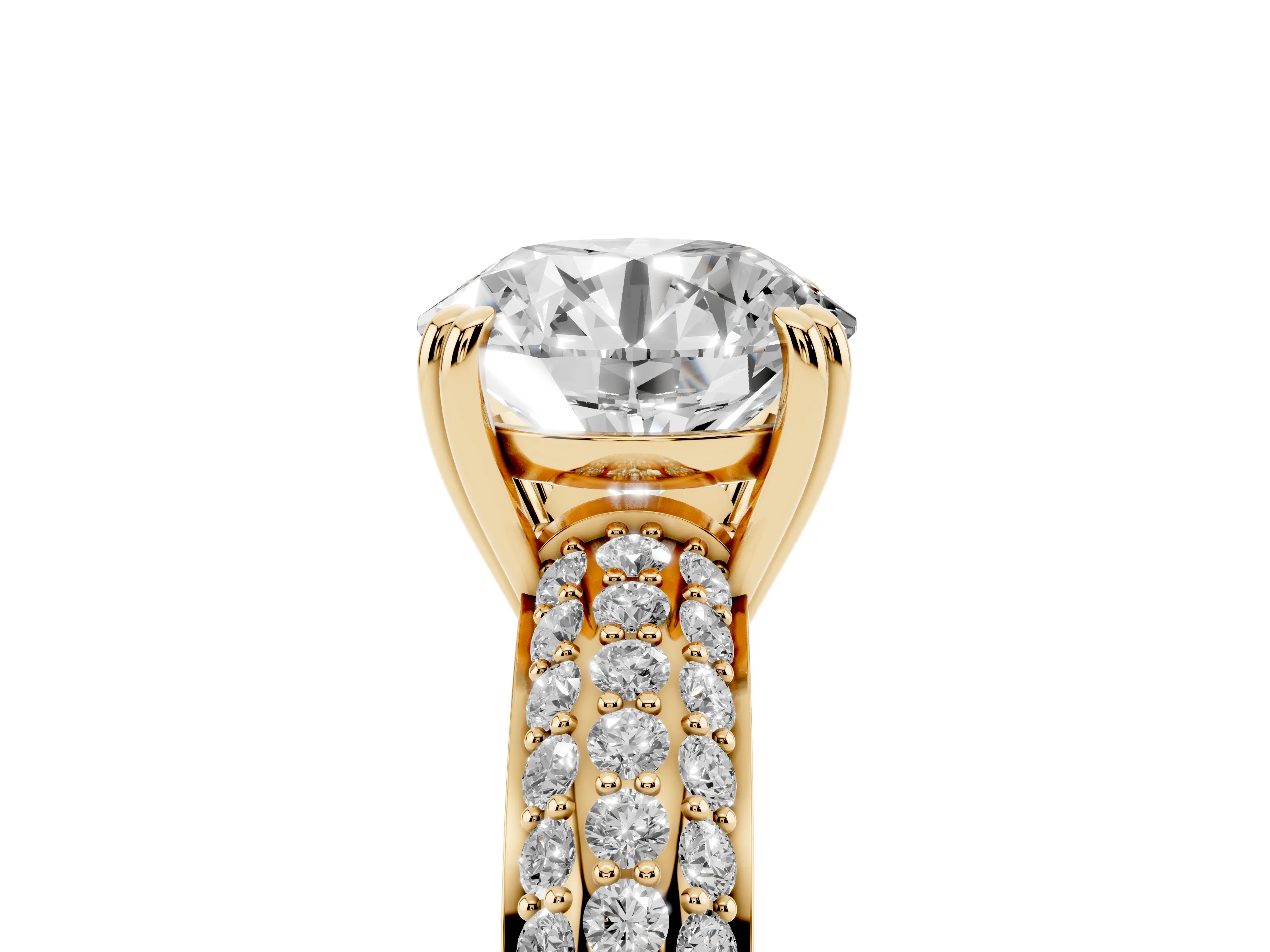 Round Cut Diamond Solitaire Ring Set in Yellow gold with Multi-Row Round Pavé Band and Prong Setting