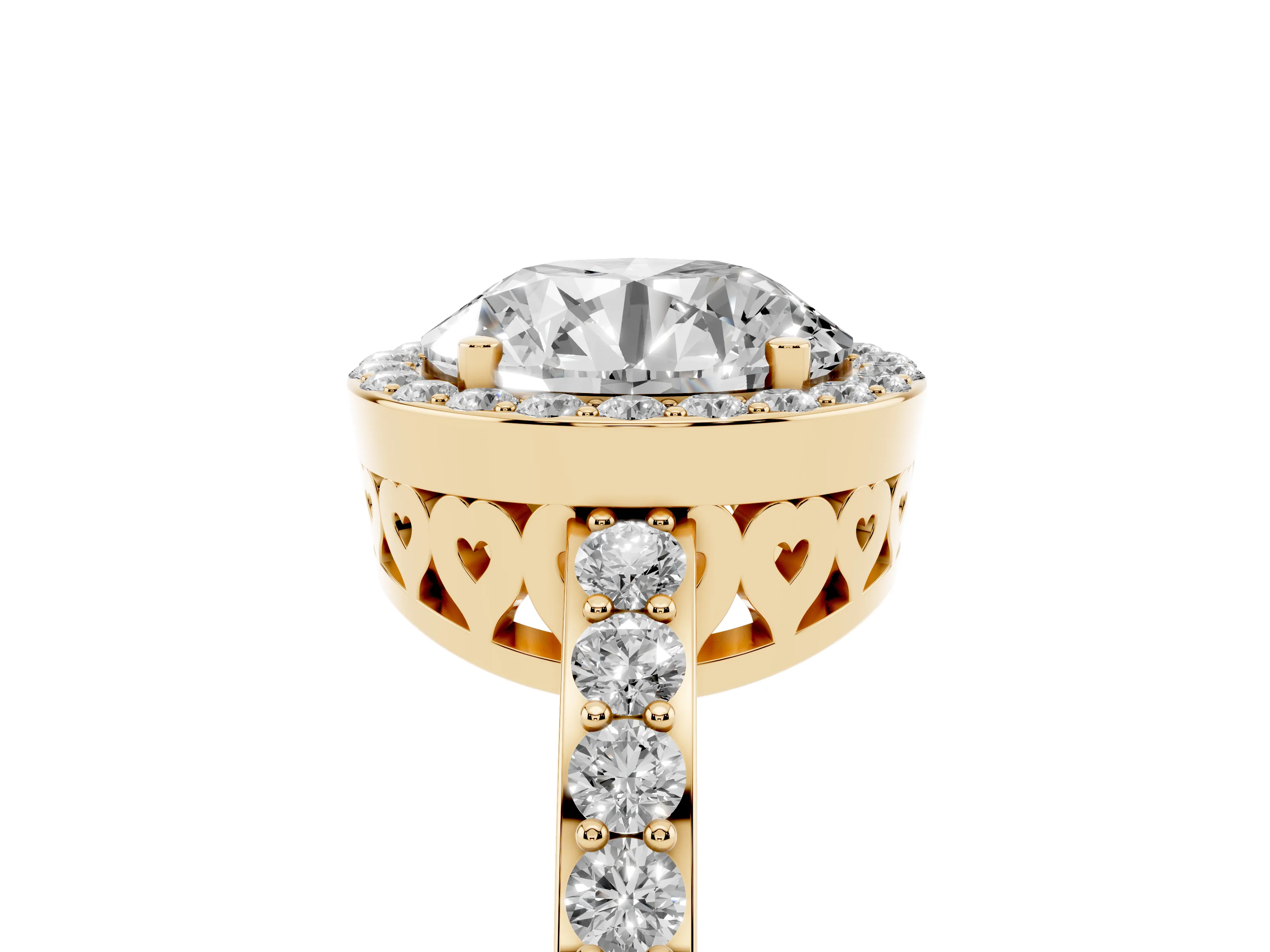 Round Cut Diamond Halo Ring Set in Yellow gold with Pavé-Setting Band and Open Prong Center