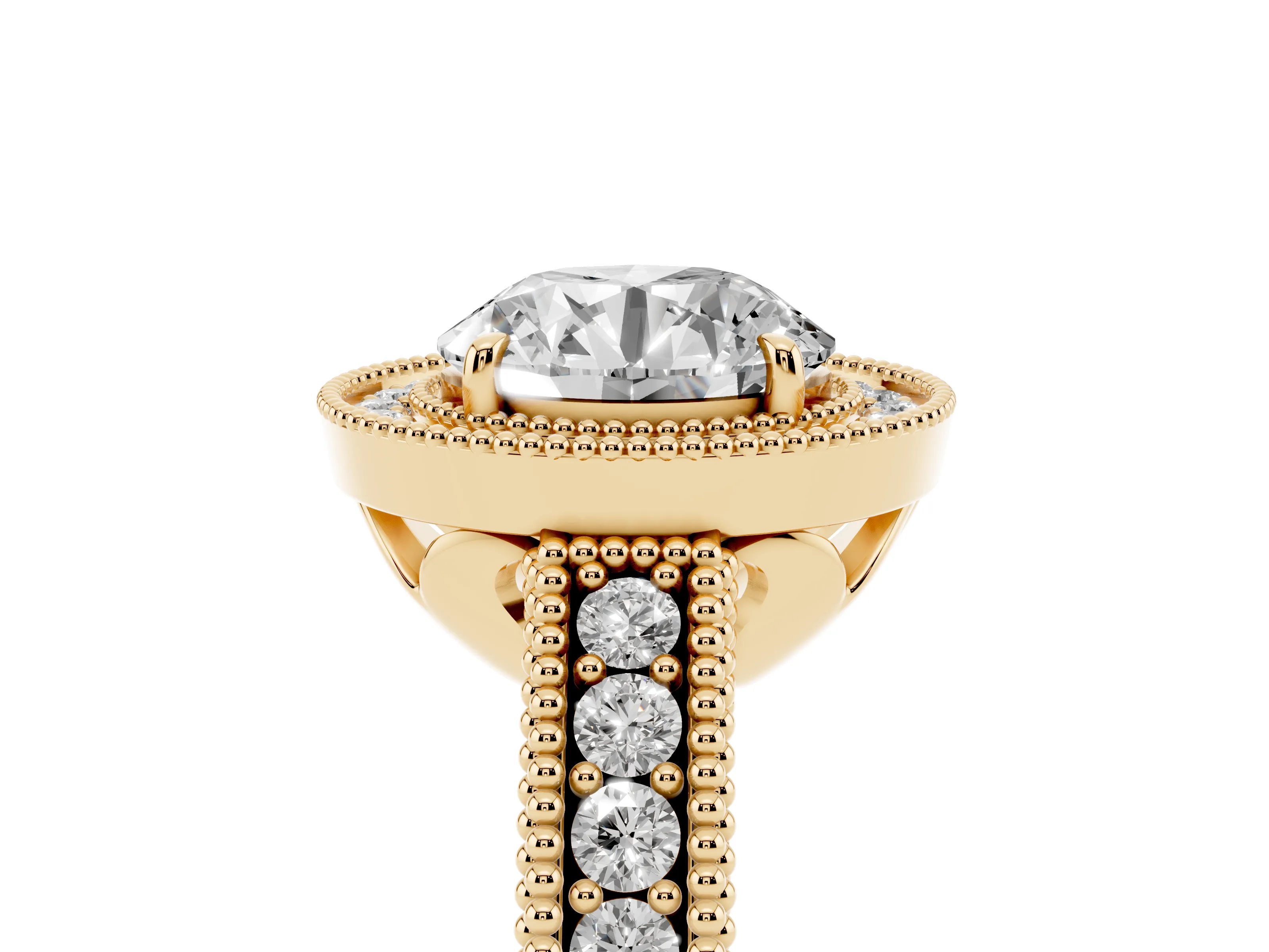Round Cut Diamond Halo Ring Set in Yellow gold with Round Accent Halo, Pavé Band and Prong Setting