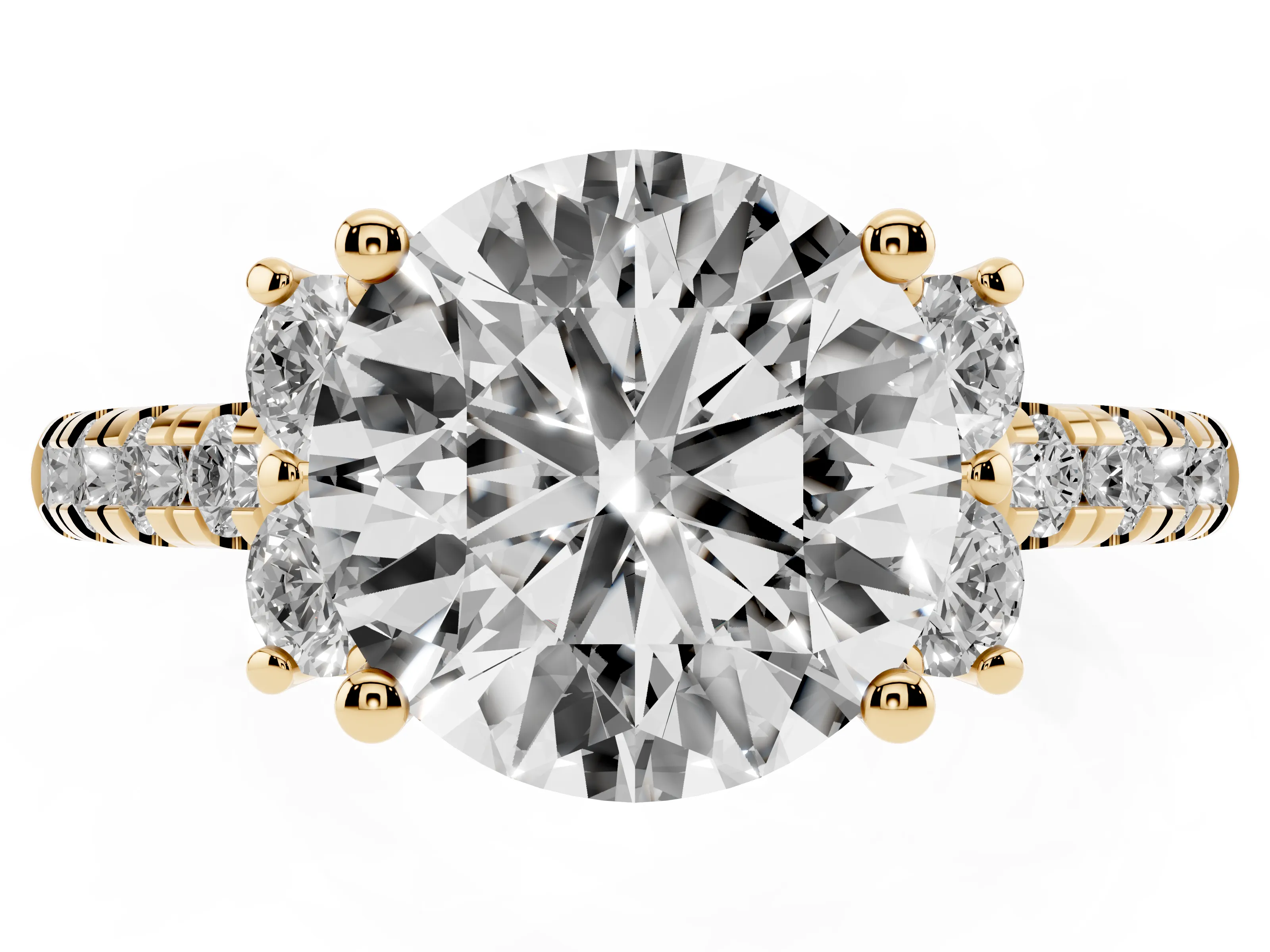 Round Cut Diamond Three-Stone Pavé Ring Set in Yellow gold with Prong Setting