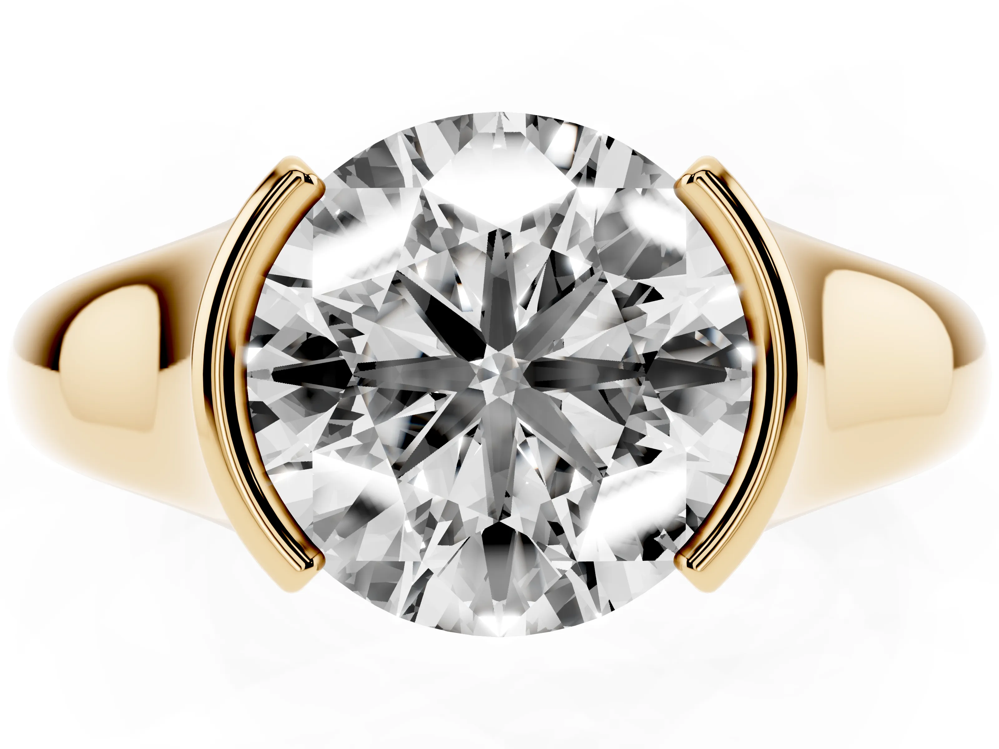Round Cut Diamond Solitaire Tension Set Ring Set in Yellow gold with Split Shank Band