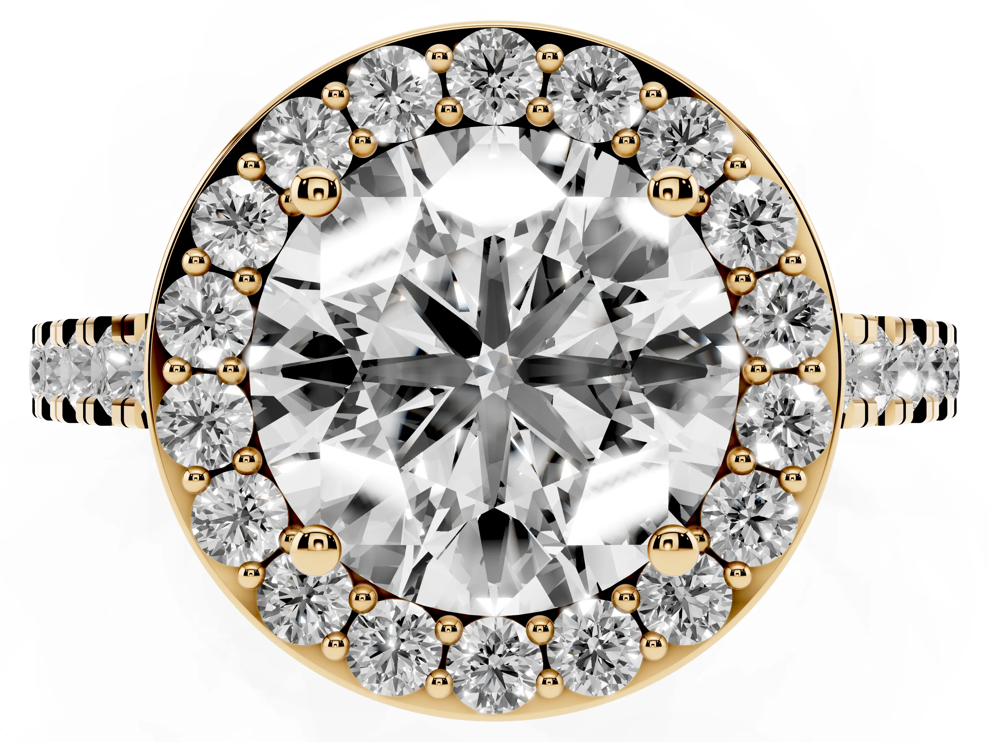 Round Cut Diamond Halo Ring Set in Yellow gold with Round Pavé Split Shank and Prong Setting