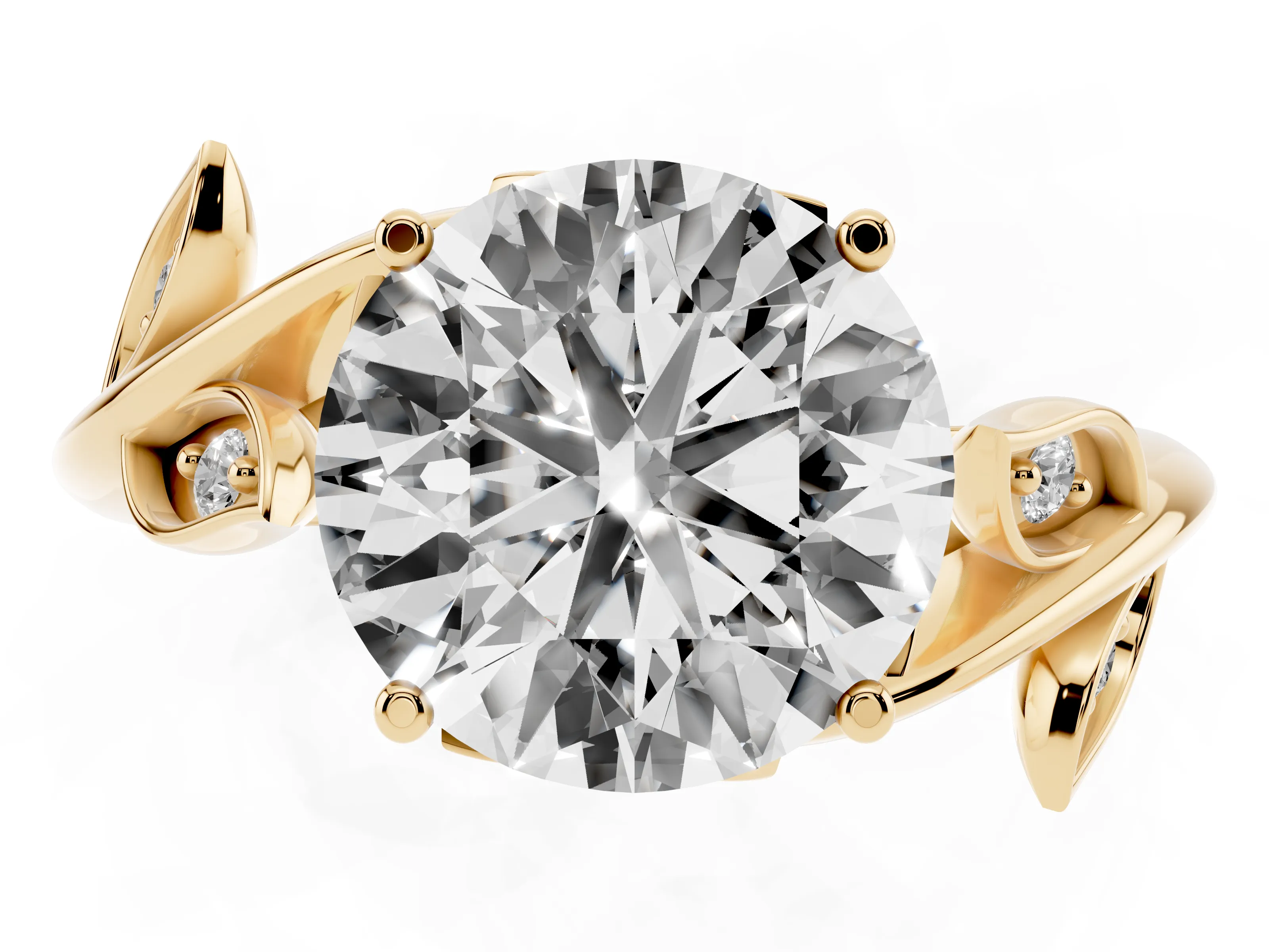 Round Cut Diamond Solitaire Twist Engagement Ring Set in Yellow gold with Pavé Leaf Accents