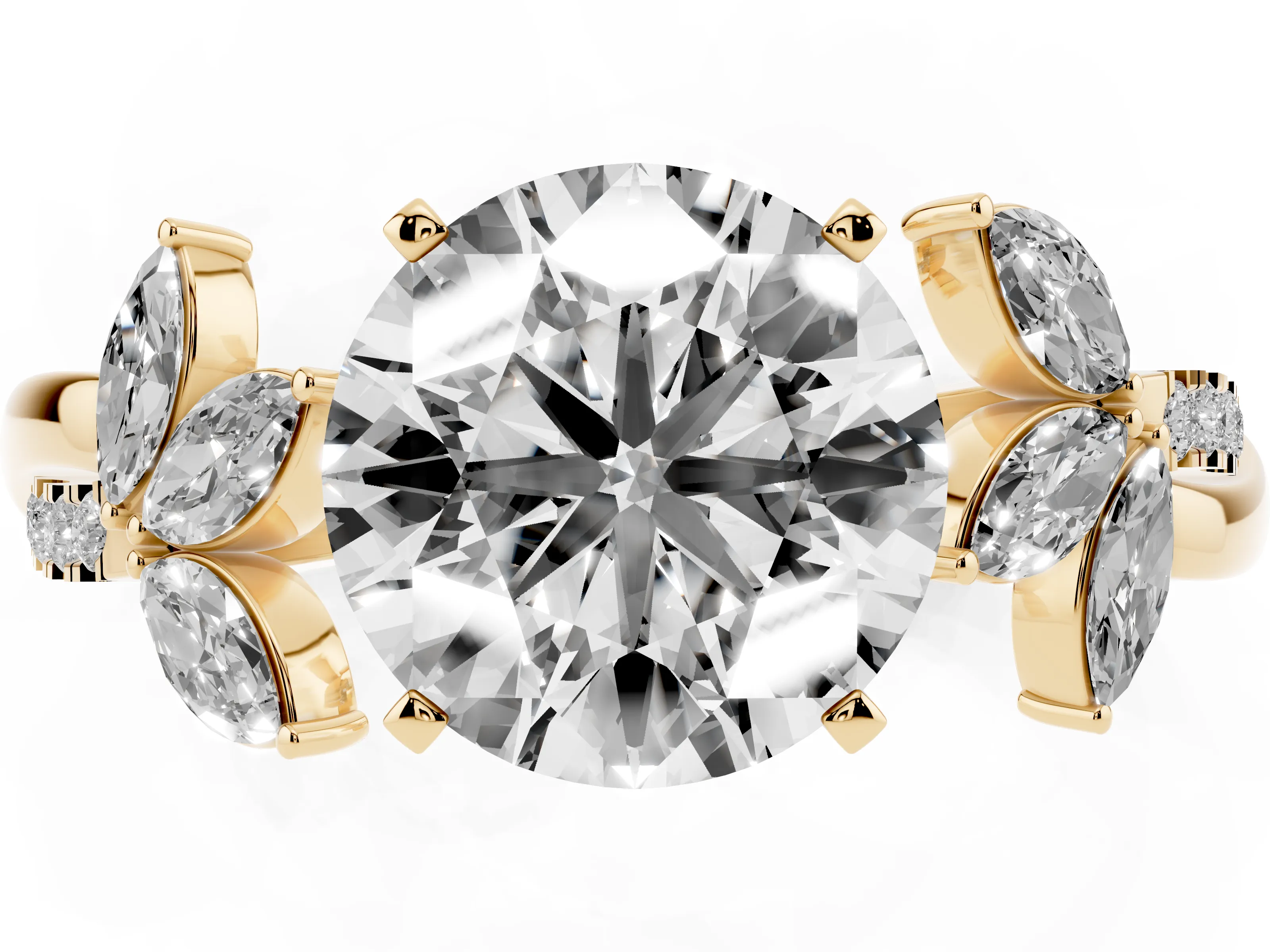 Round Cut Diamond Floral Vine Solitaire Engagement Ring Set in Yellow gold with Marquise Leaves