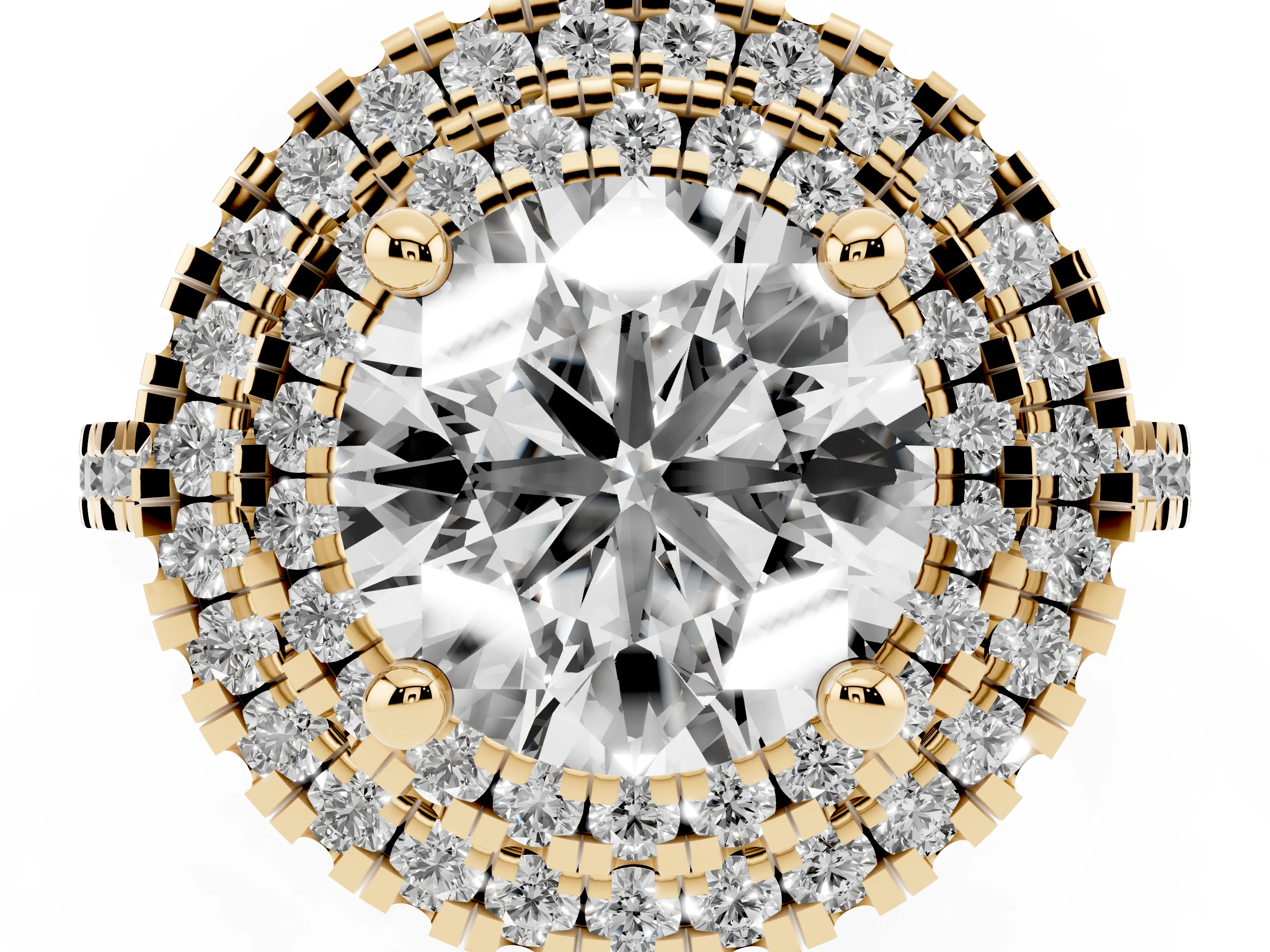 Round Cut Diamond Double Halo Statement Ring Set in Yellow gold with Pavé Band