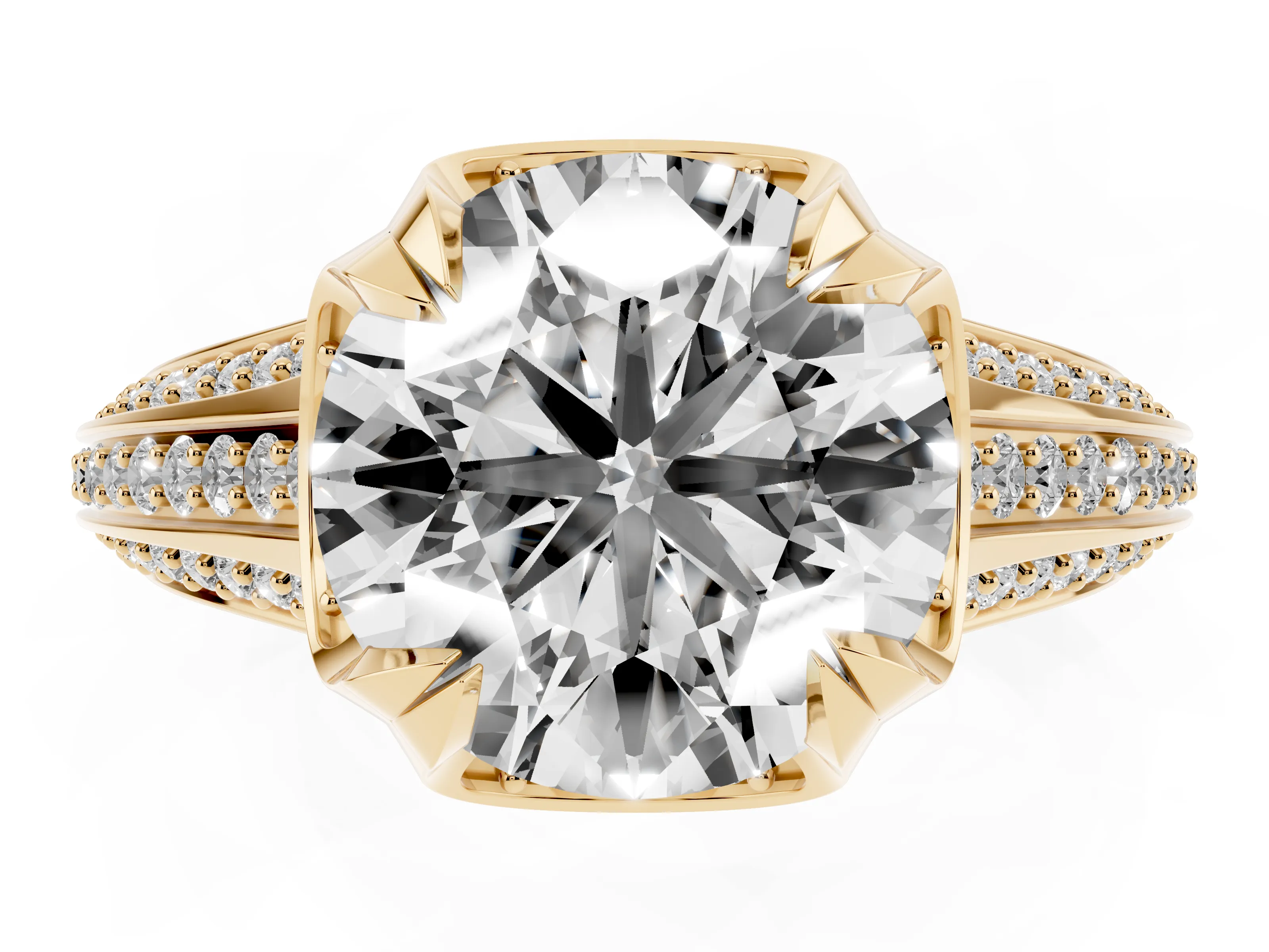 Round Cut Diamond Pavé Split Shank Solitaire Ring Set in Yellow gold with Prong Setting