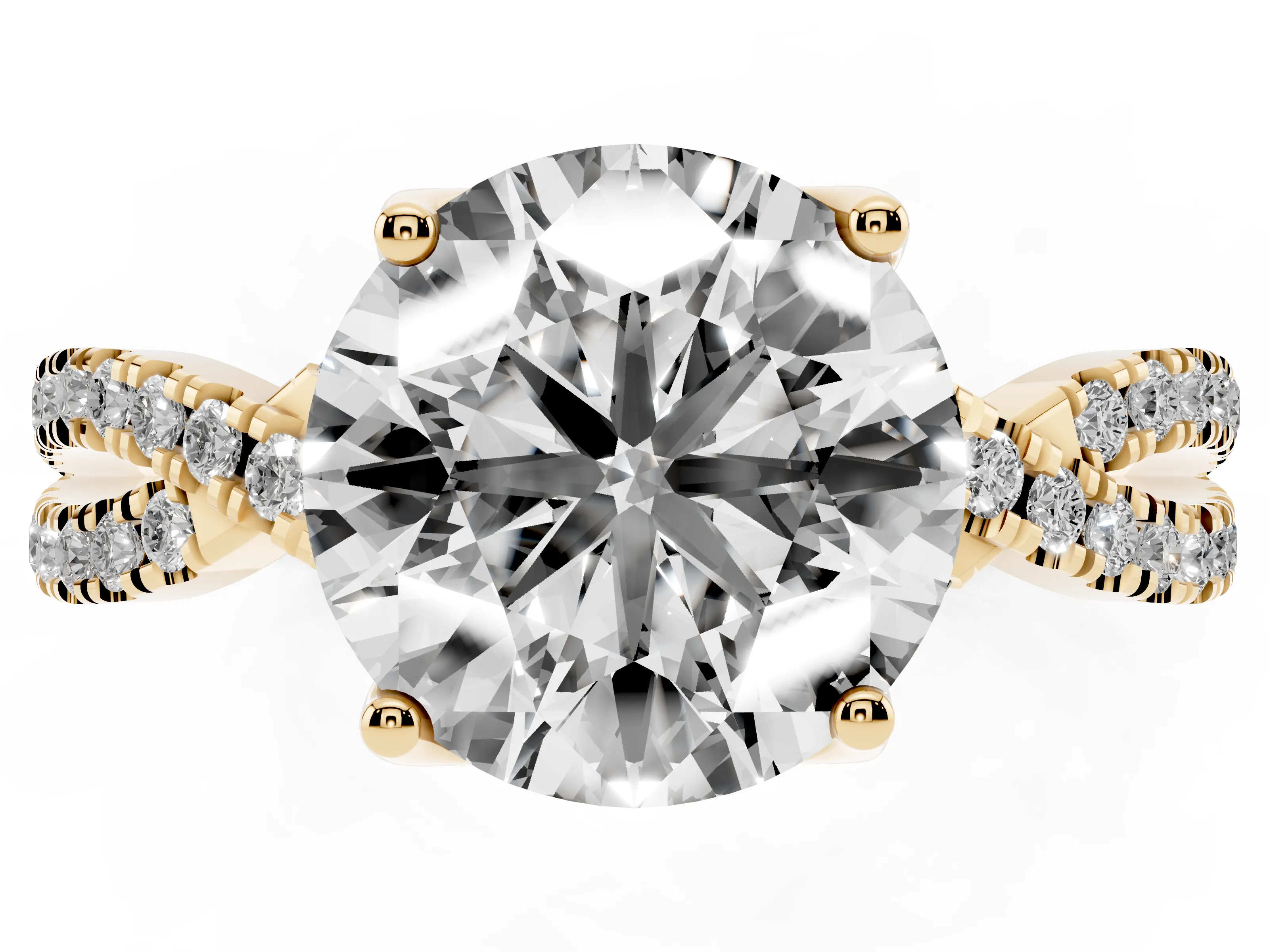 Round Cut Diamond Twist Pavé Solitaire Engagement Ring Set in Yellow gold with Prong Setting