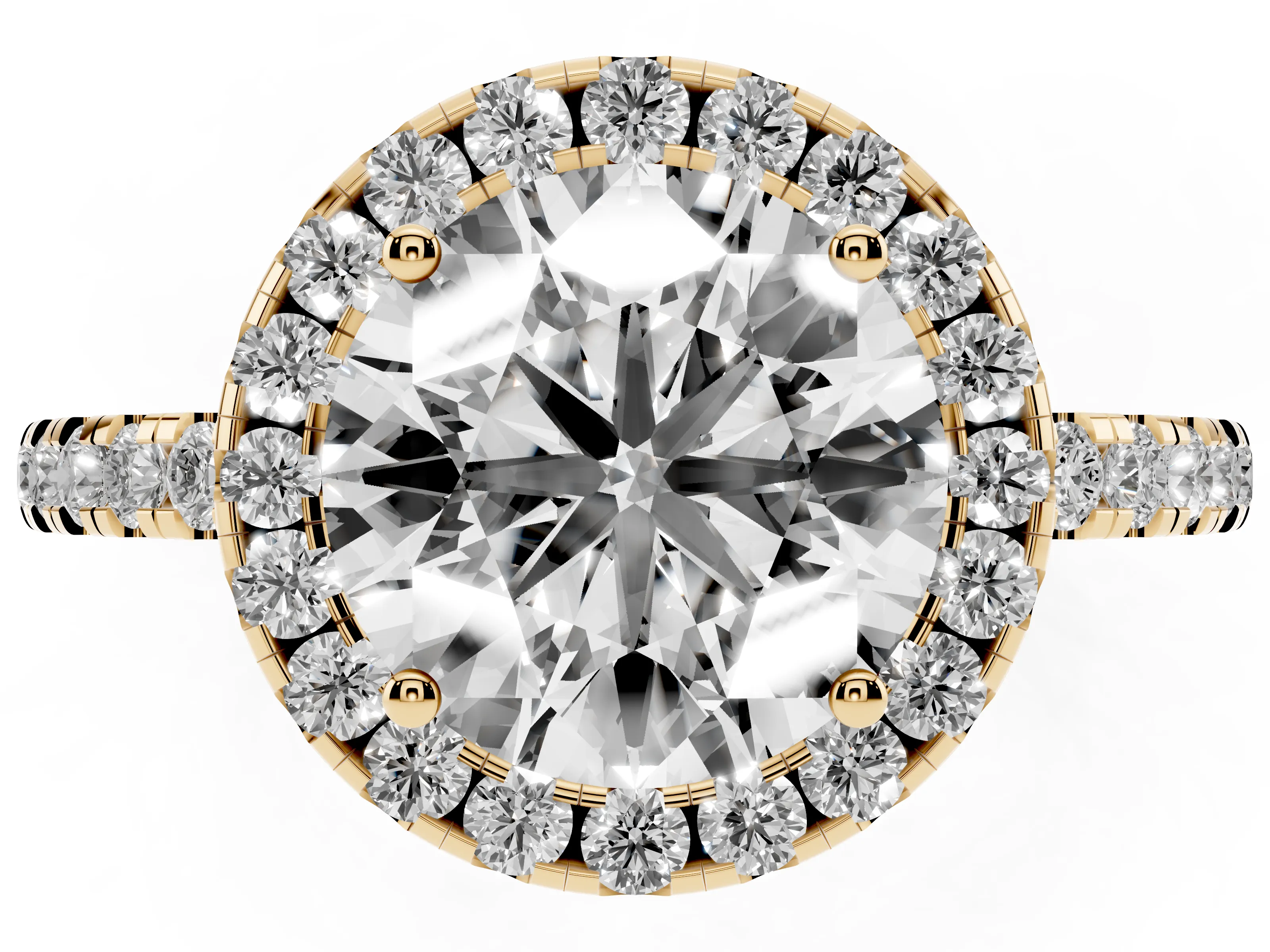 Round Cut Diamond Pavé Band Halo Engagement Ring Set in Yellow gold with Prong Setting
