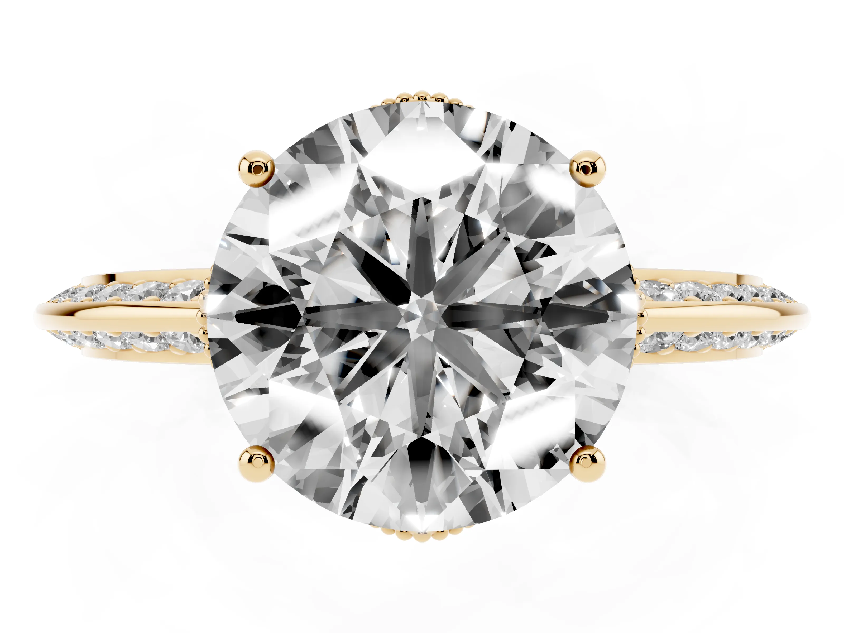 Round Cut Diamond Solitaire Engagement Ring Set in Yellow gold with Pavé Split Shank and Prong Setting