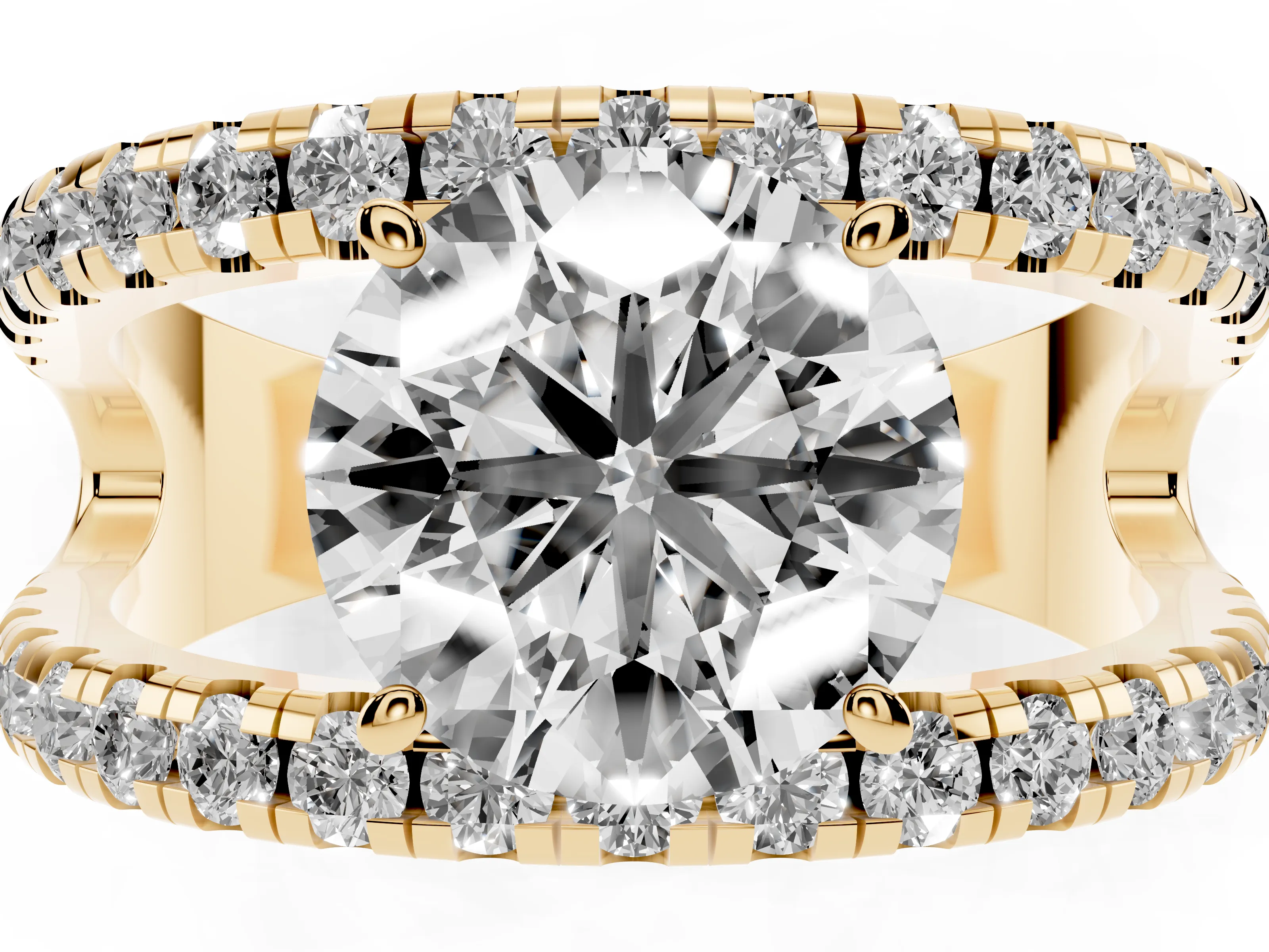 Round Cut Diamond Split Shank Pavé Solitaire Ring Set in Yellow gold with Open Shank Design
