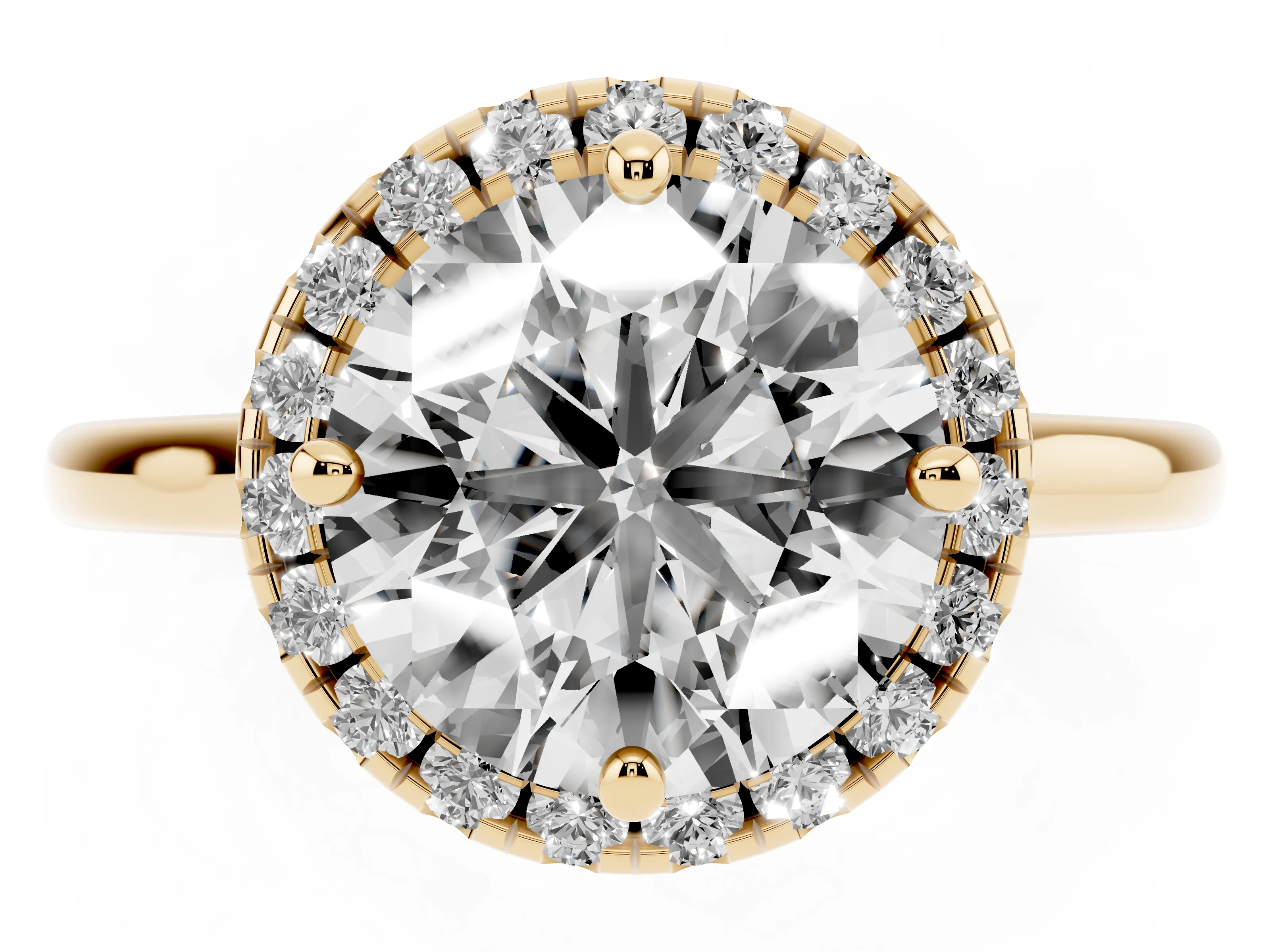 Round Cut Diamond Halo Engagement Ring Set in Yellow gold with Pavé Band and Rising Shoulders