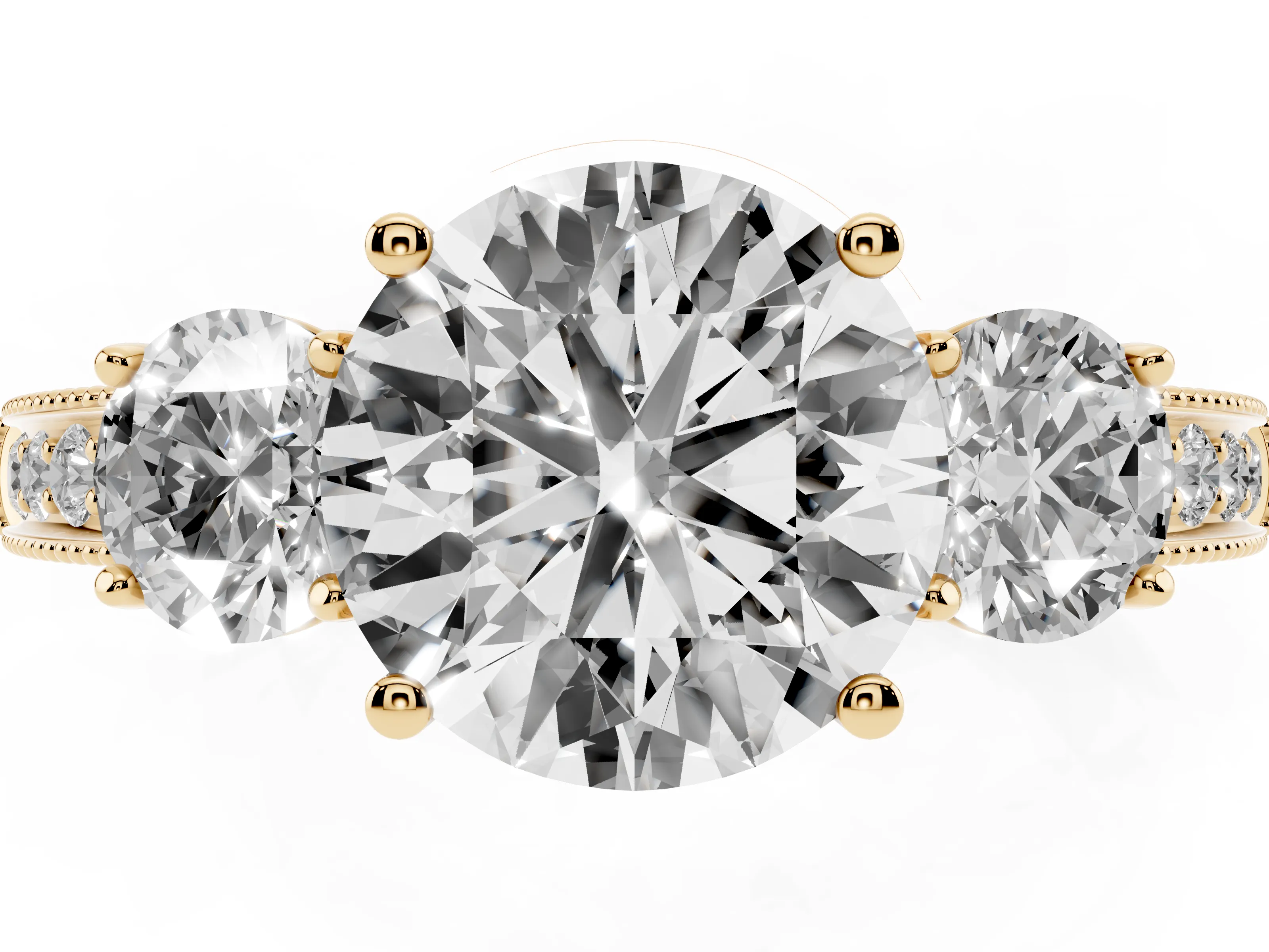 Round Cut Diamond Three-Stone Ring Set in Yellow gold with Round Side Stones and Pavé Band