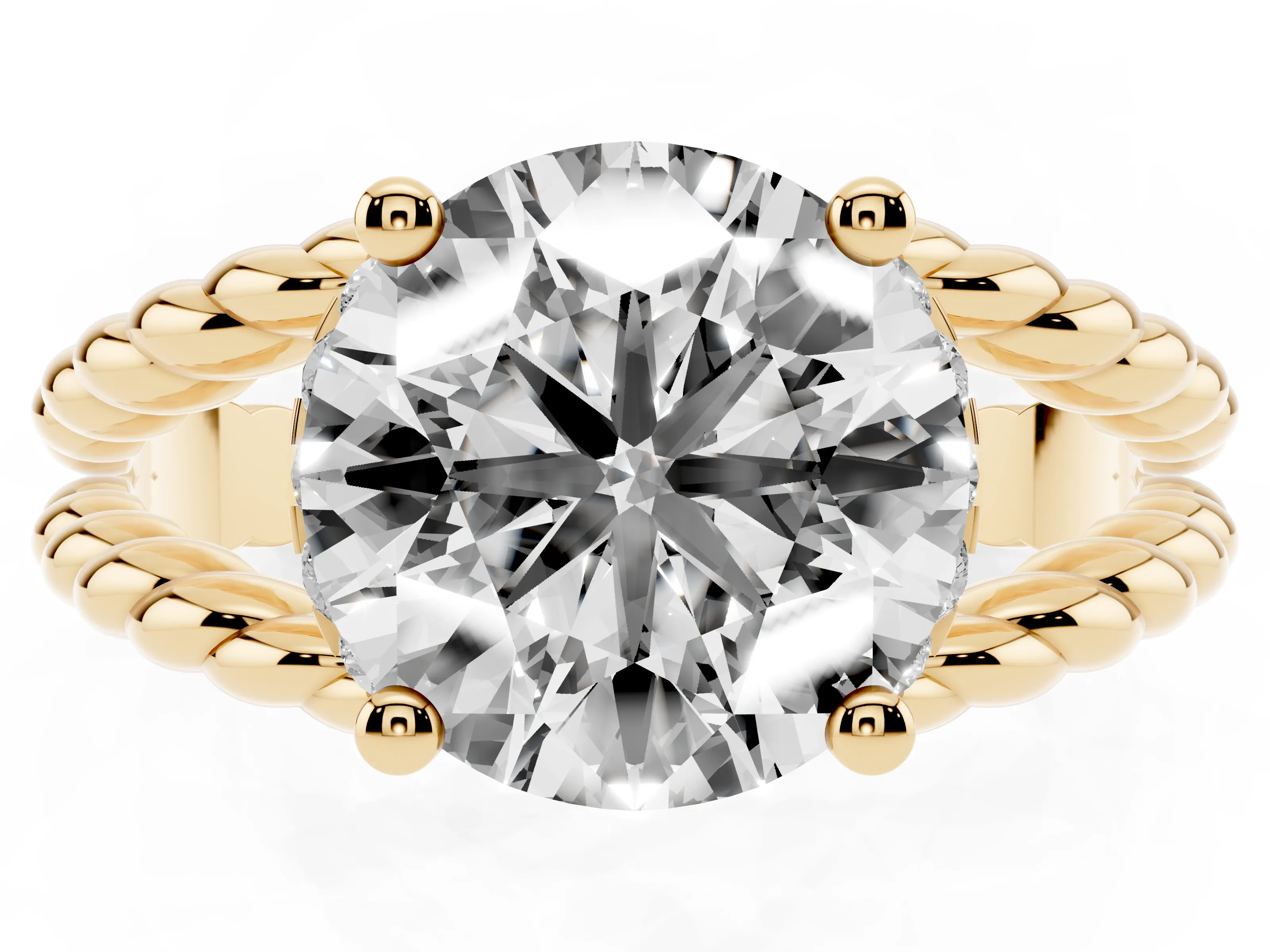 Round Cut Diamond Halo Ring Set in Yellow gold with Twisted Band and Prong Setting
