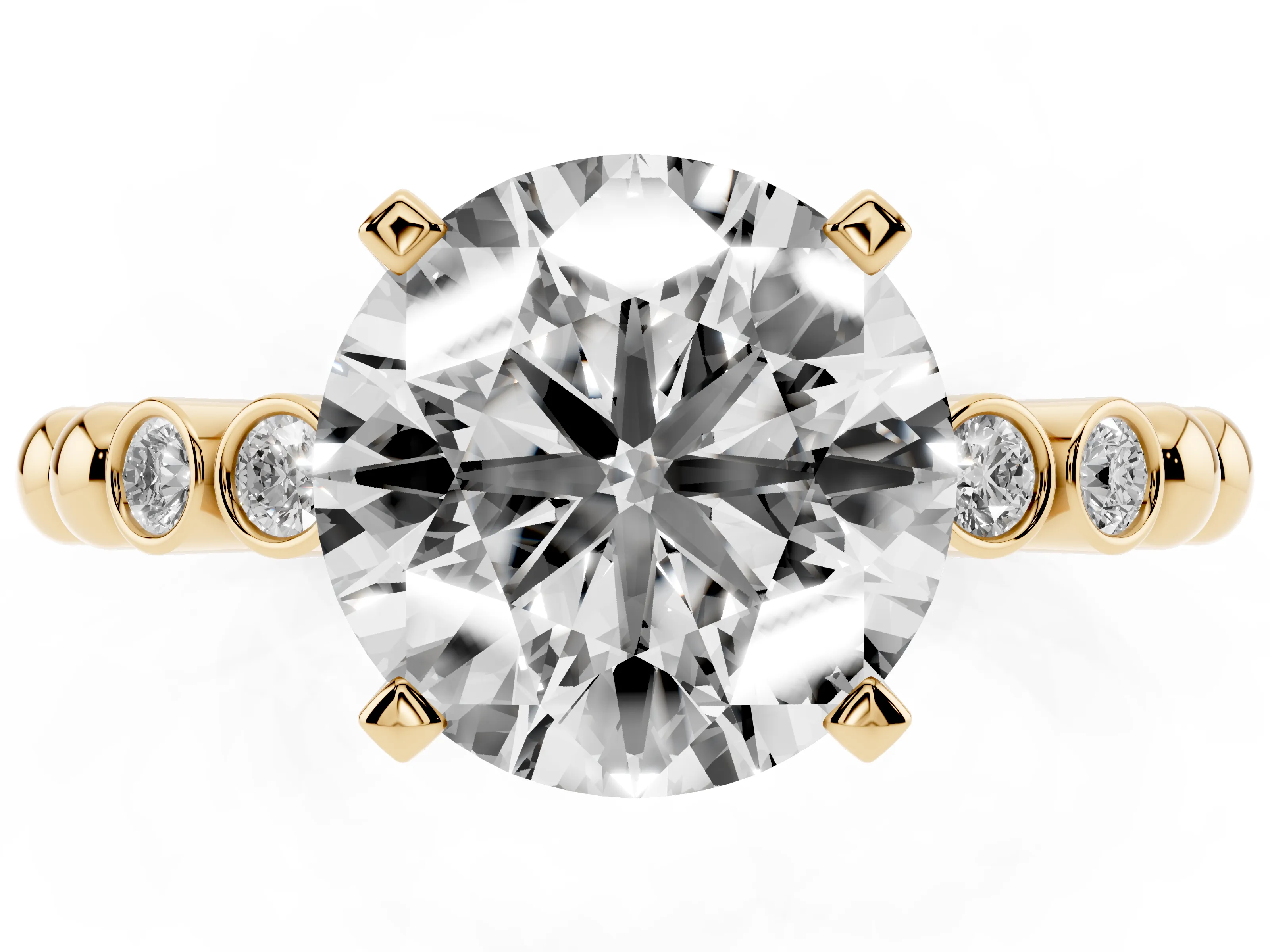 Round Cut Diamond Solitaire Engagement Ring Set in Yellow gold with Bezel Accents on Beaded Band