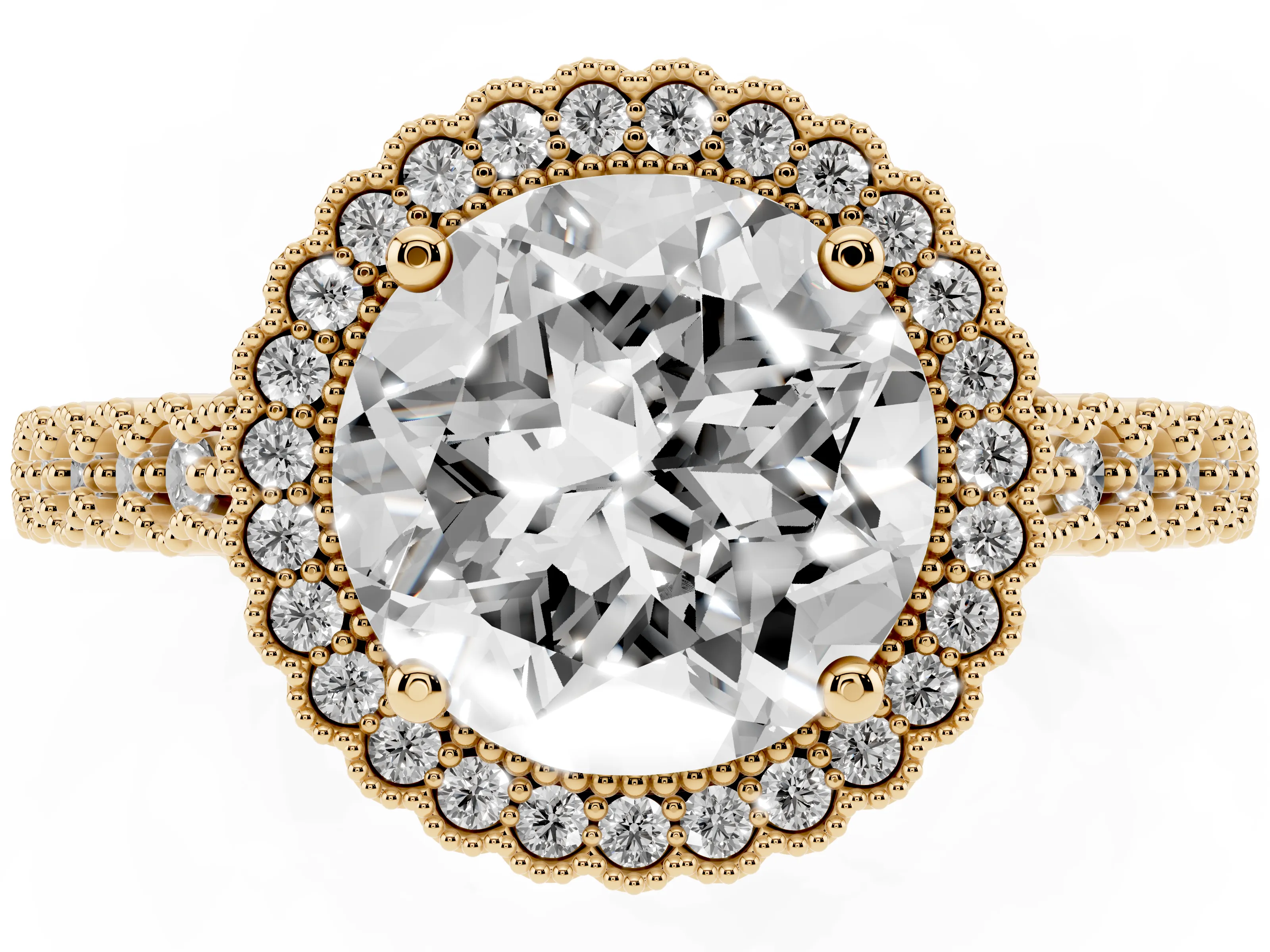 Round Cut Diamond Halo Ring Set in Yellow gold with Pavé Milgrain Band