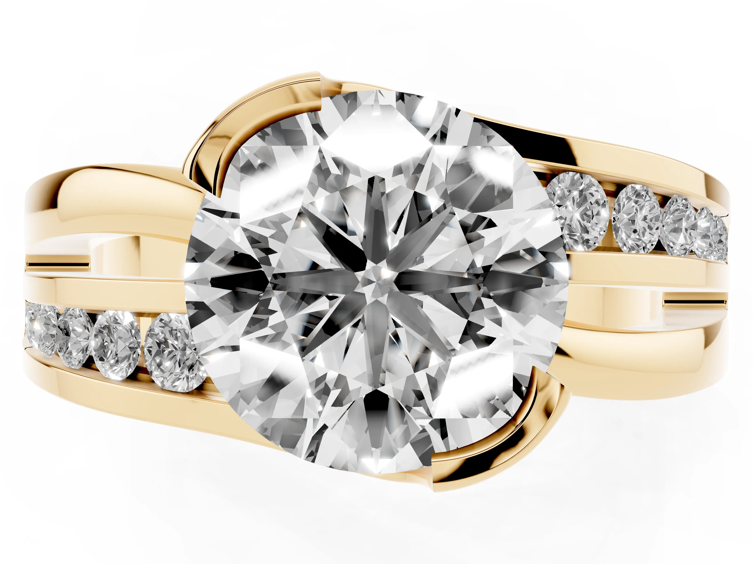 Round Cut Diamond Solitaire Ring Set in Yellow gold with Channel Set Split Shank and Tension Prongs