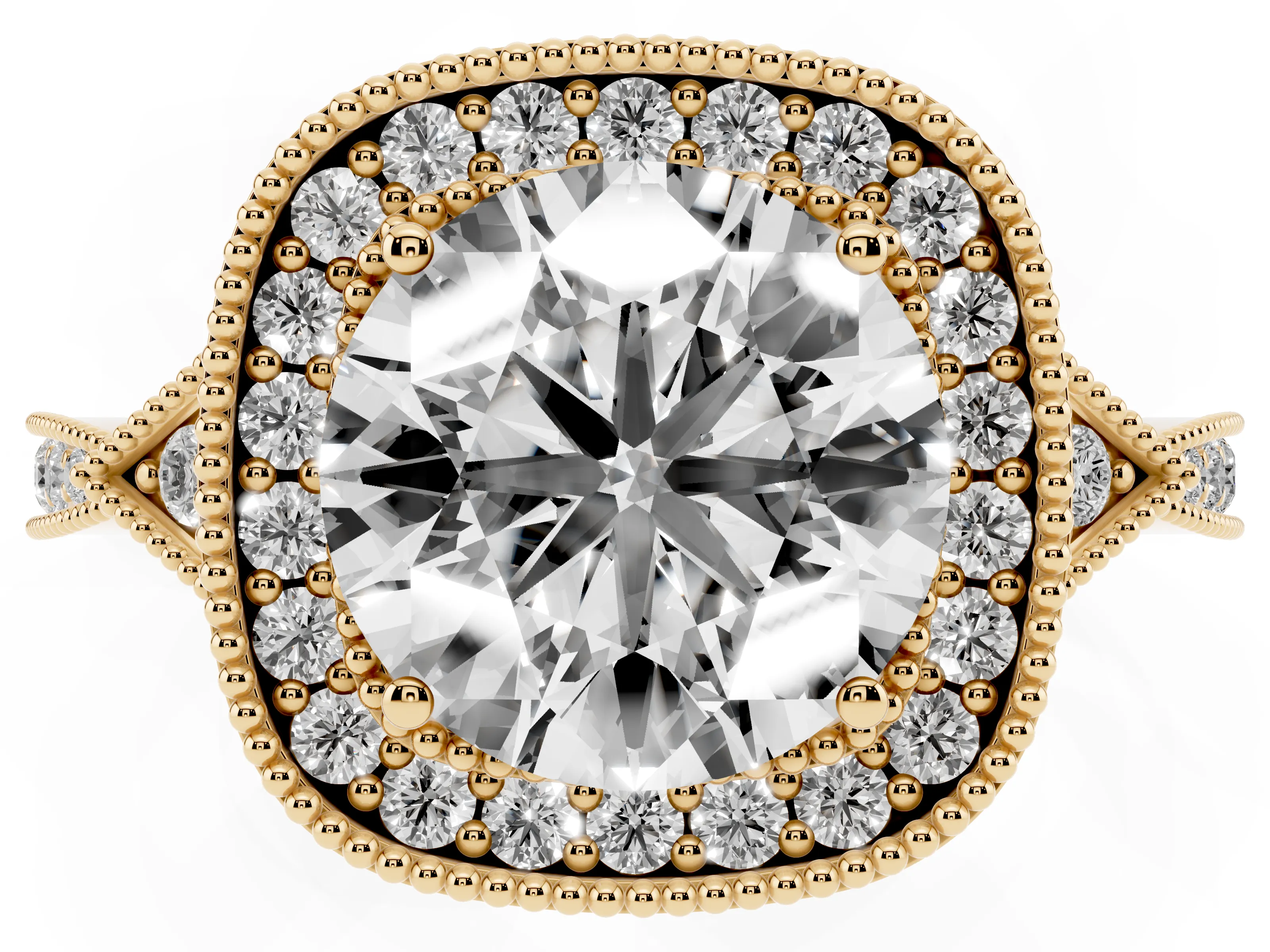 Round Cut Diamond Halo Engagement Ring Set in Yellow gold with Milgrain Pavé Band