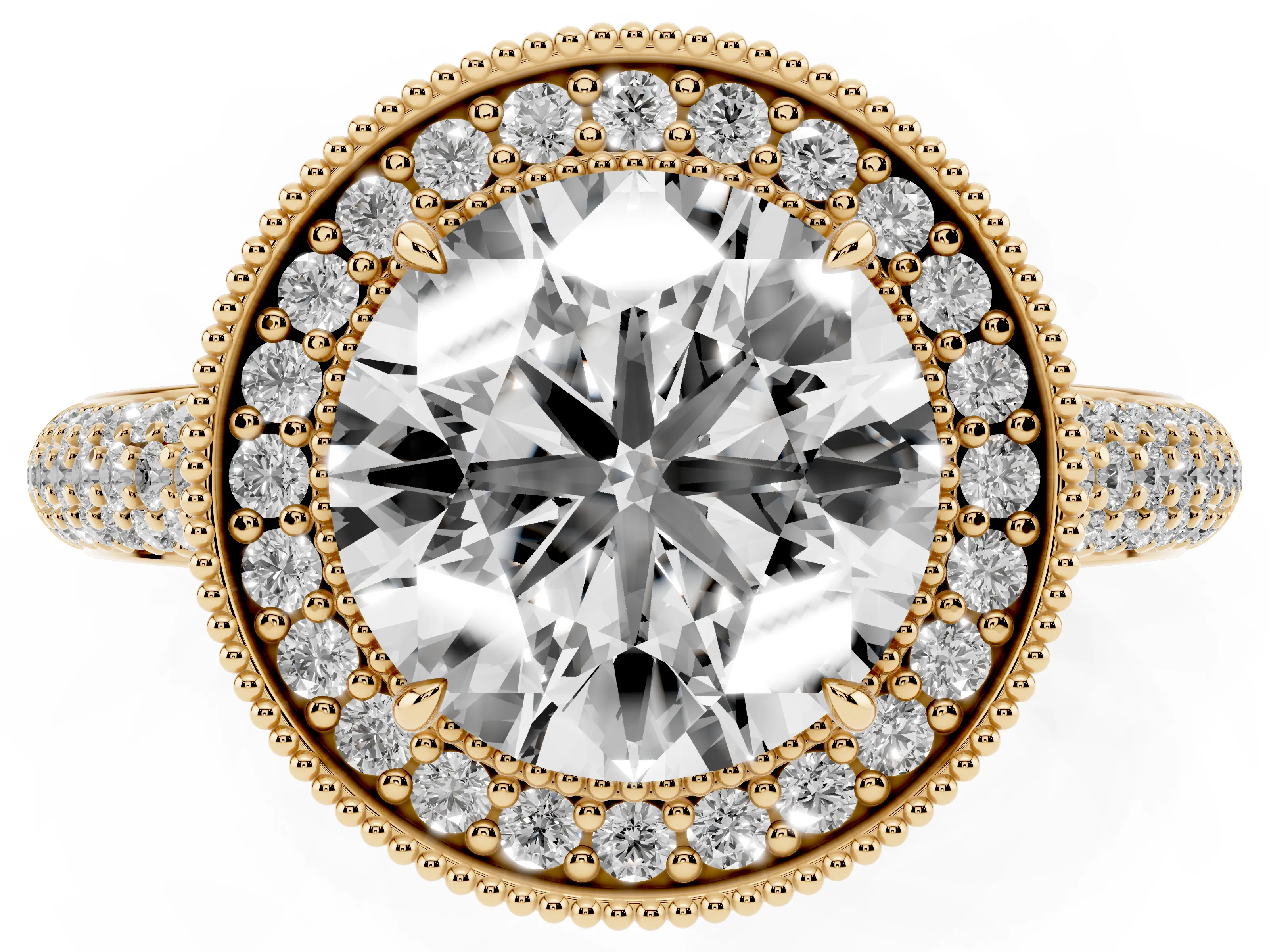 Round Cut Diamond Halo Pavé Band Set in Yellow gold with Prong Setting